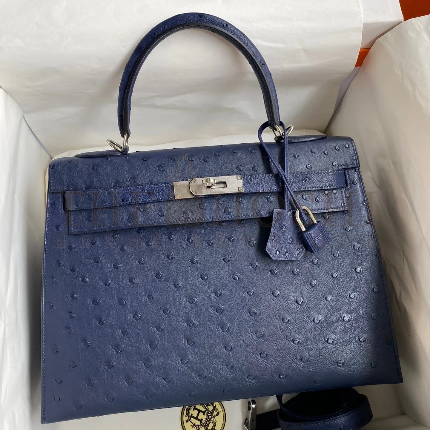 H**me5 Kelly Sellier 32 Handmade Bag In Blue Iris Ostrich Leather Master Quality