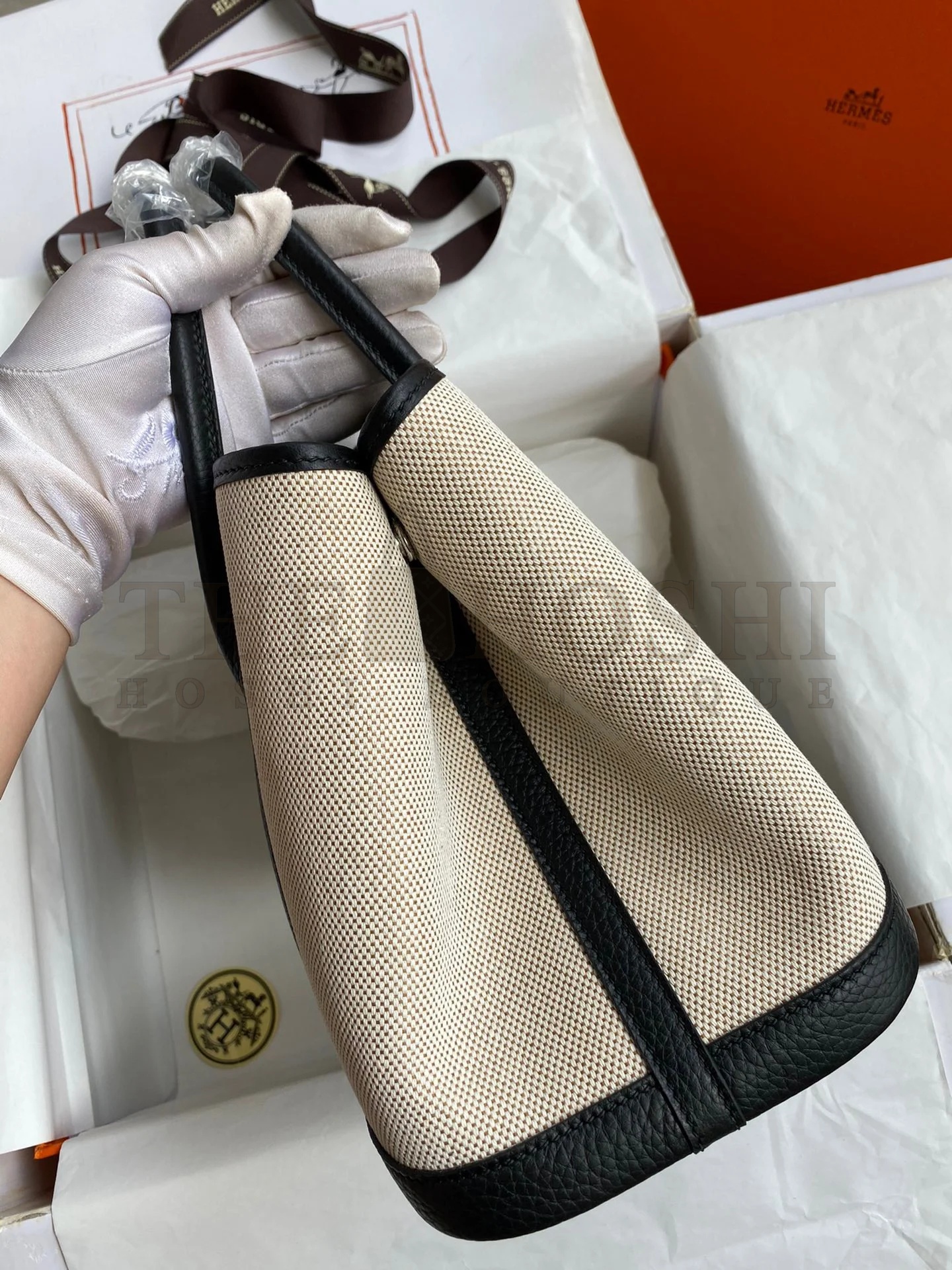 H**me5 Garden Party 30 Handmade Bag in Toile and Black Leather Master Quality