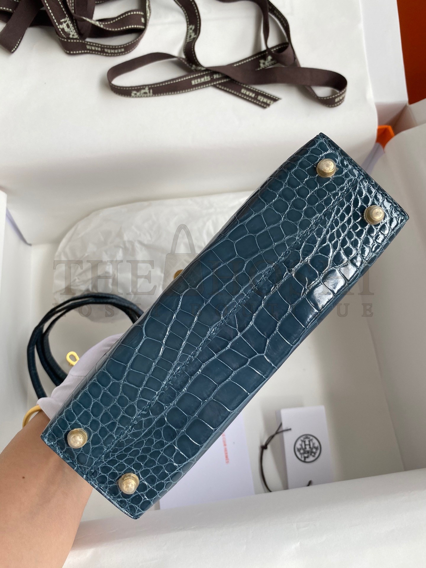 H**me5 Kelly Mini II Sellier Handmade Bag In Blue Jean Shiny Alligator Leather Master Quality