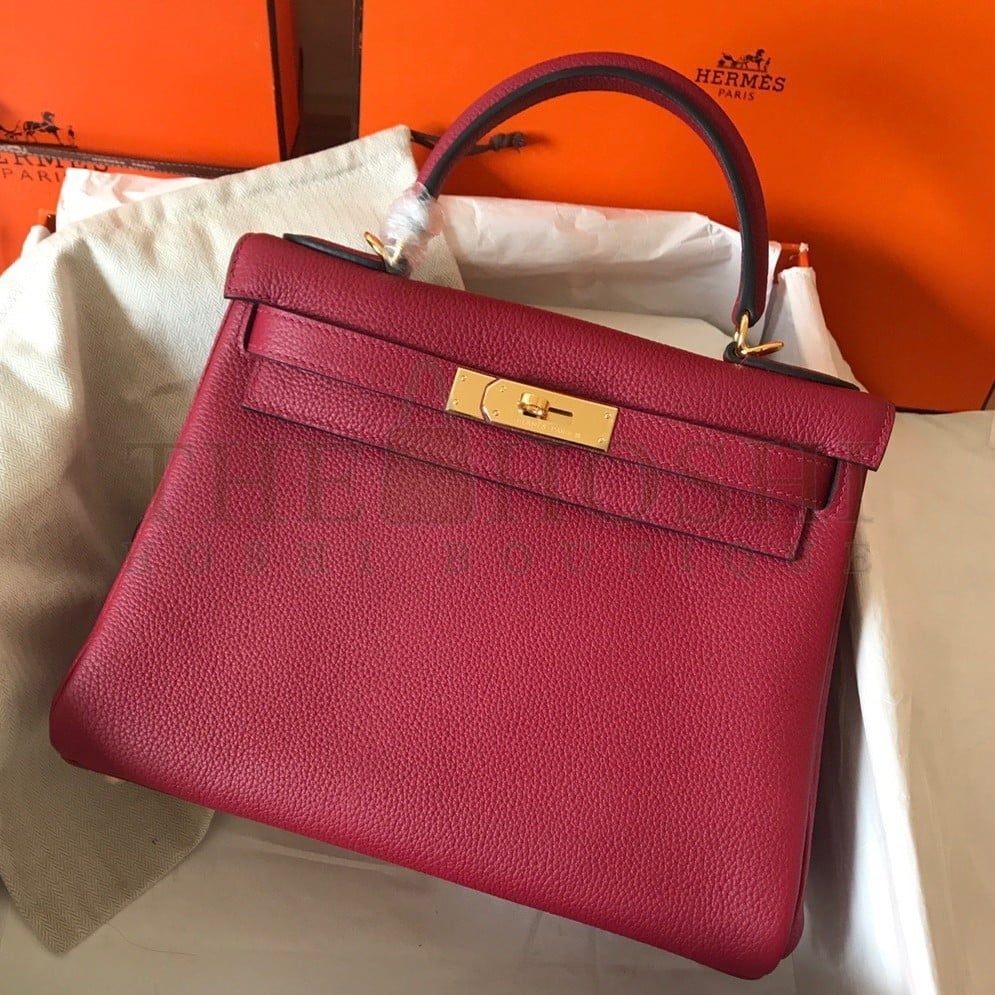H**me5 Kelly Retourne 28 Handmade Bag In Ruby Clemence Leather Master Quality