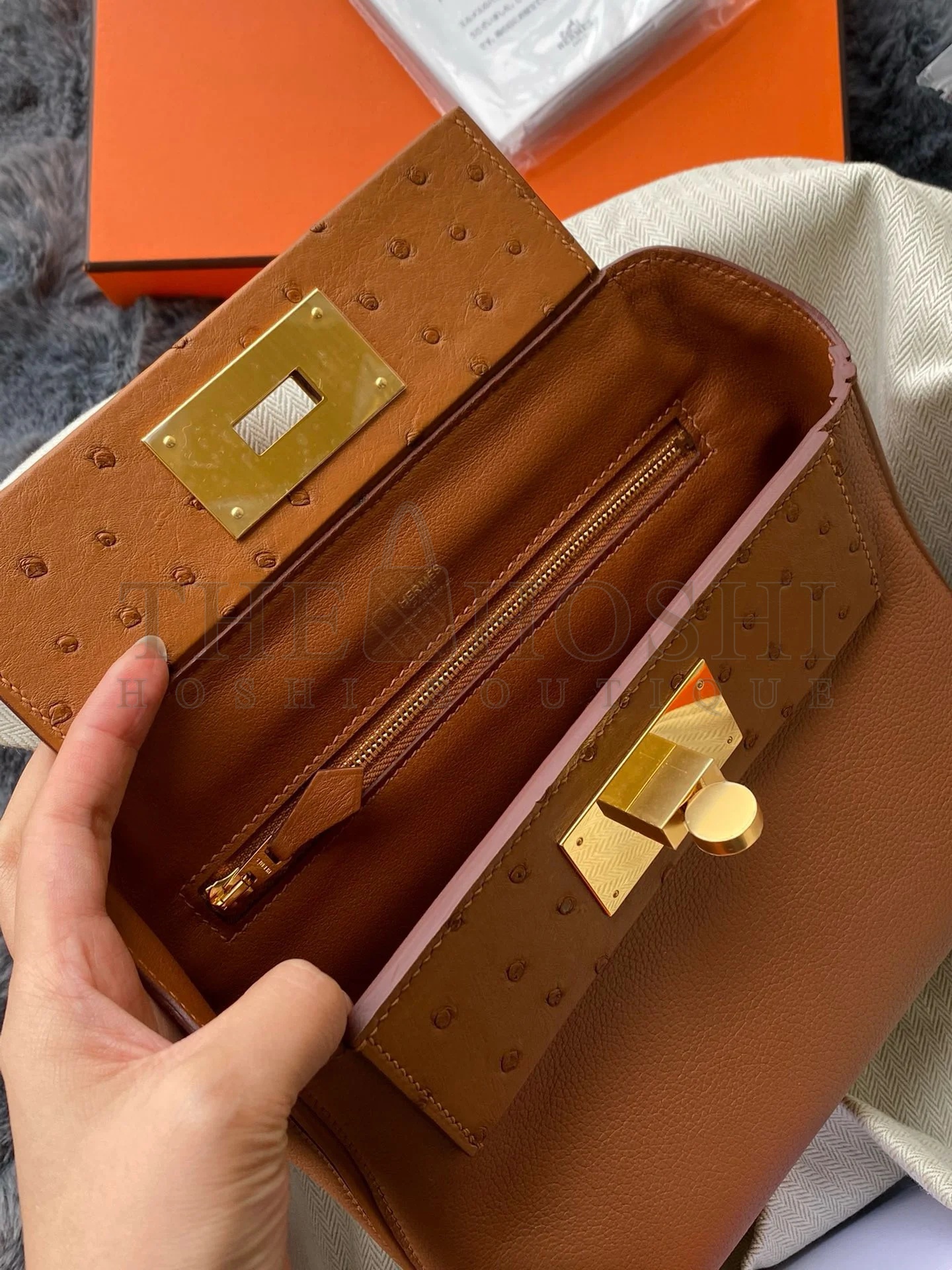 H**me5 24/24 Mini 21 Touch Bag in Gold Evercolor and Ostrich Leather Master Quality