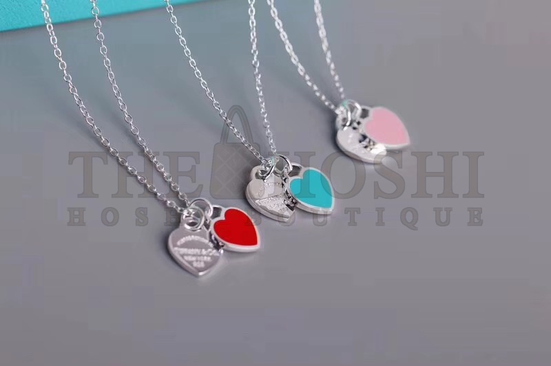 T*f*ny & Co. Classic Double Heart Tag Pendant Necklace – Enamel Blue & Red Charm Collection Master Quality