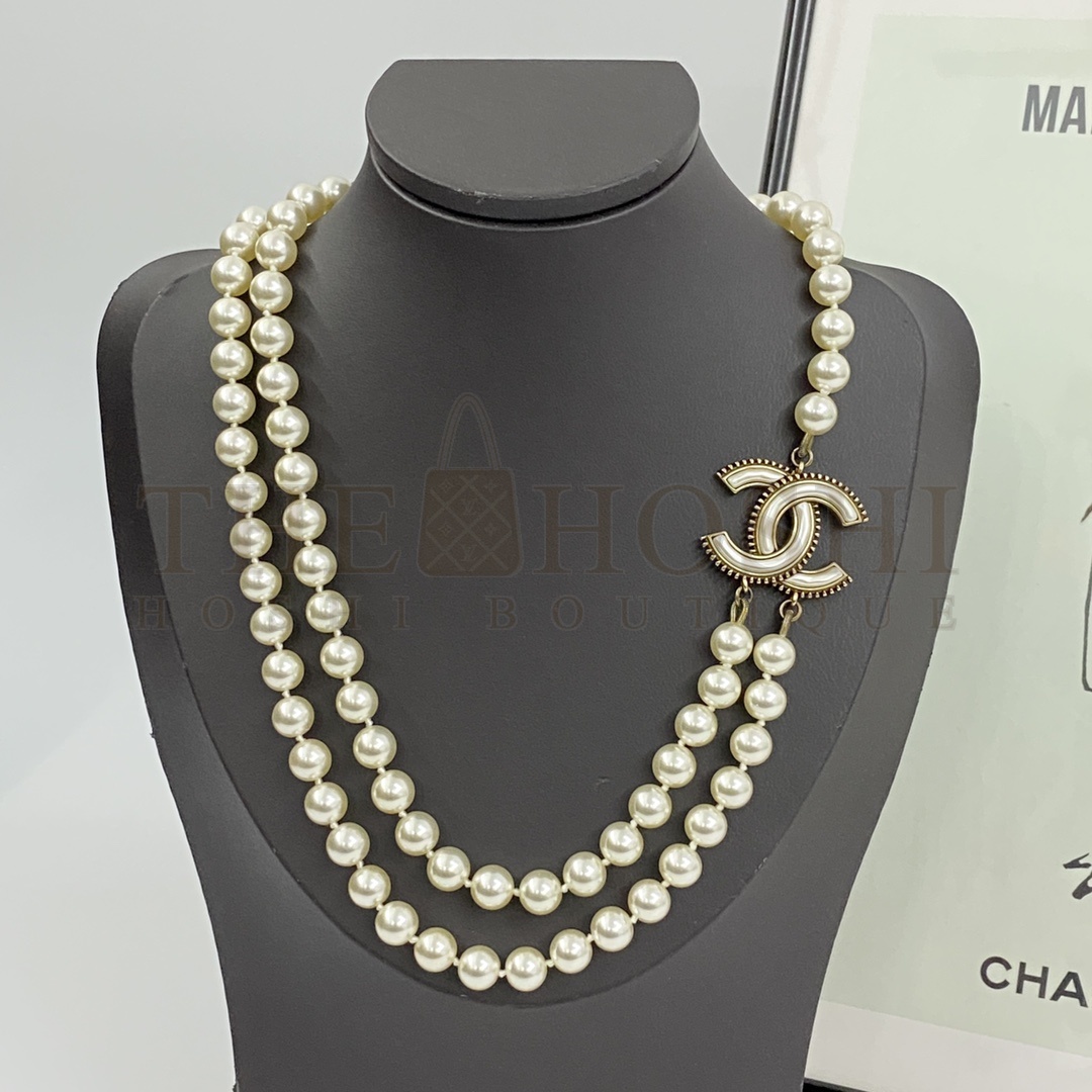 Ch**el CC Pearl Necklace Double Layer Vintage Gold Master Quality