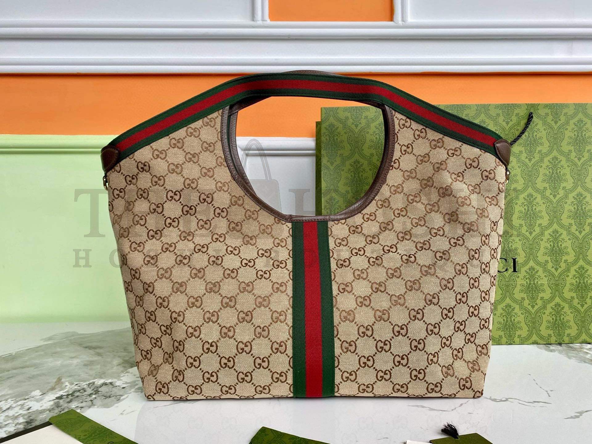 Gvc*1 Giglio Tote Bag Beige/Deep Brown GG Canvas with Green-Red Web, Removable Pouch, 60 x 47 x 16 cm Master Quality