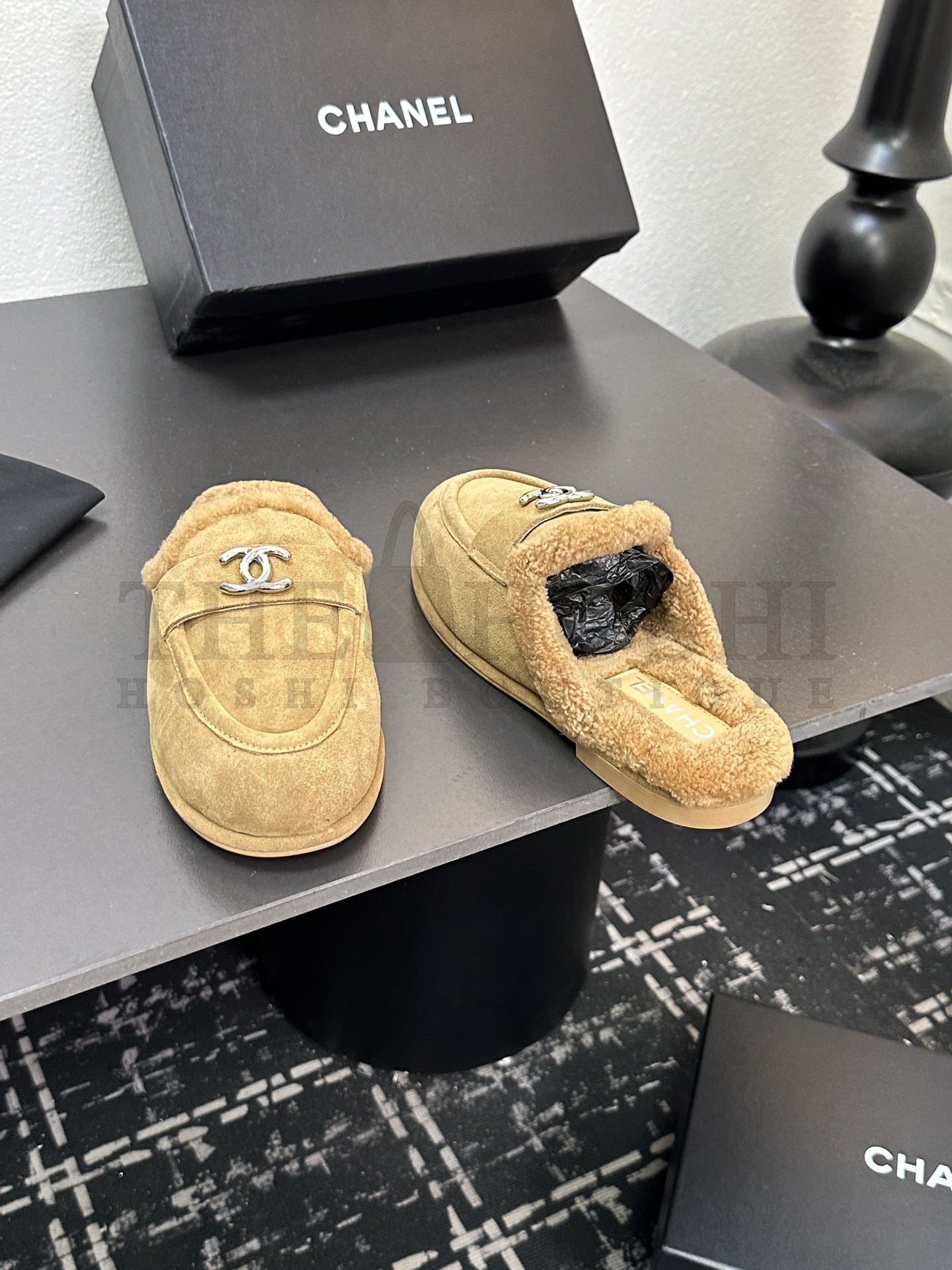 Ch**el CH 25K Fur Mule Slippers Suede Leather Shearling Lined 35-41 Master Quality