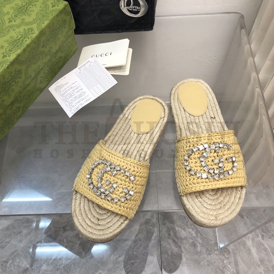 Gvc*1 Raffia Crystal Slides Sandals Sheepskin Insole Rubber Sole Size 35–41 Master Quality