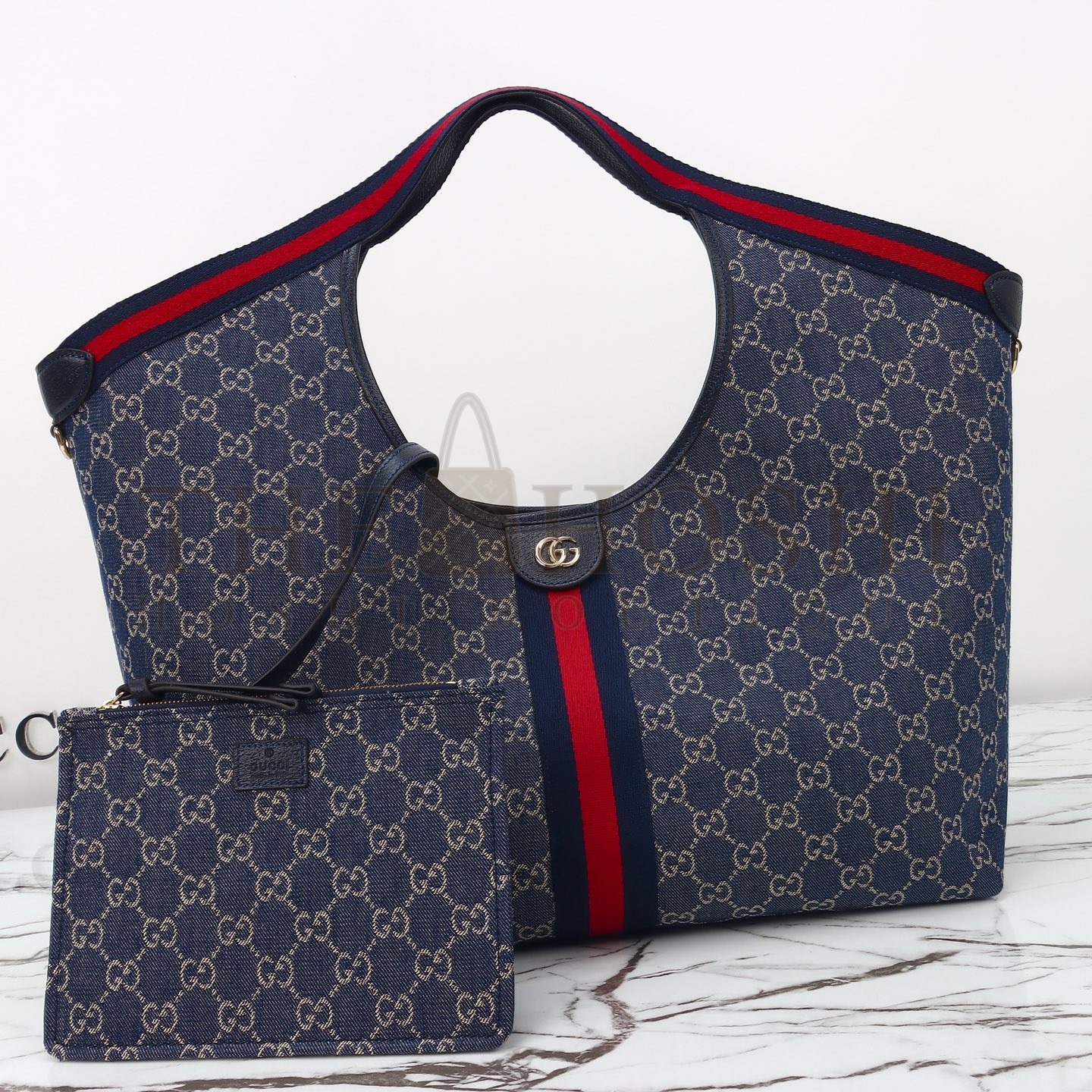 Gvc*1 Giglio Tote Bag Blue GG Canvas with Green-Red Web, Removable Pouch, 60 x 47 x 16 cm Master Quality