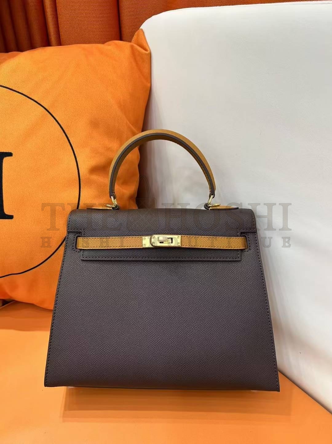 H**me5 Kelly 25cm Epsom Leather Bag Bois de Rose / Sesame Color Master Quality