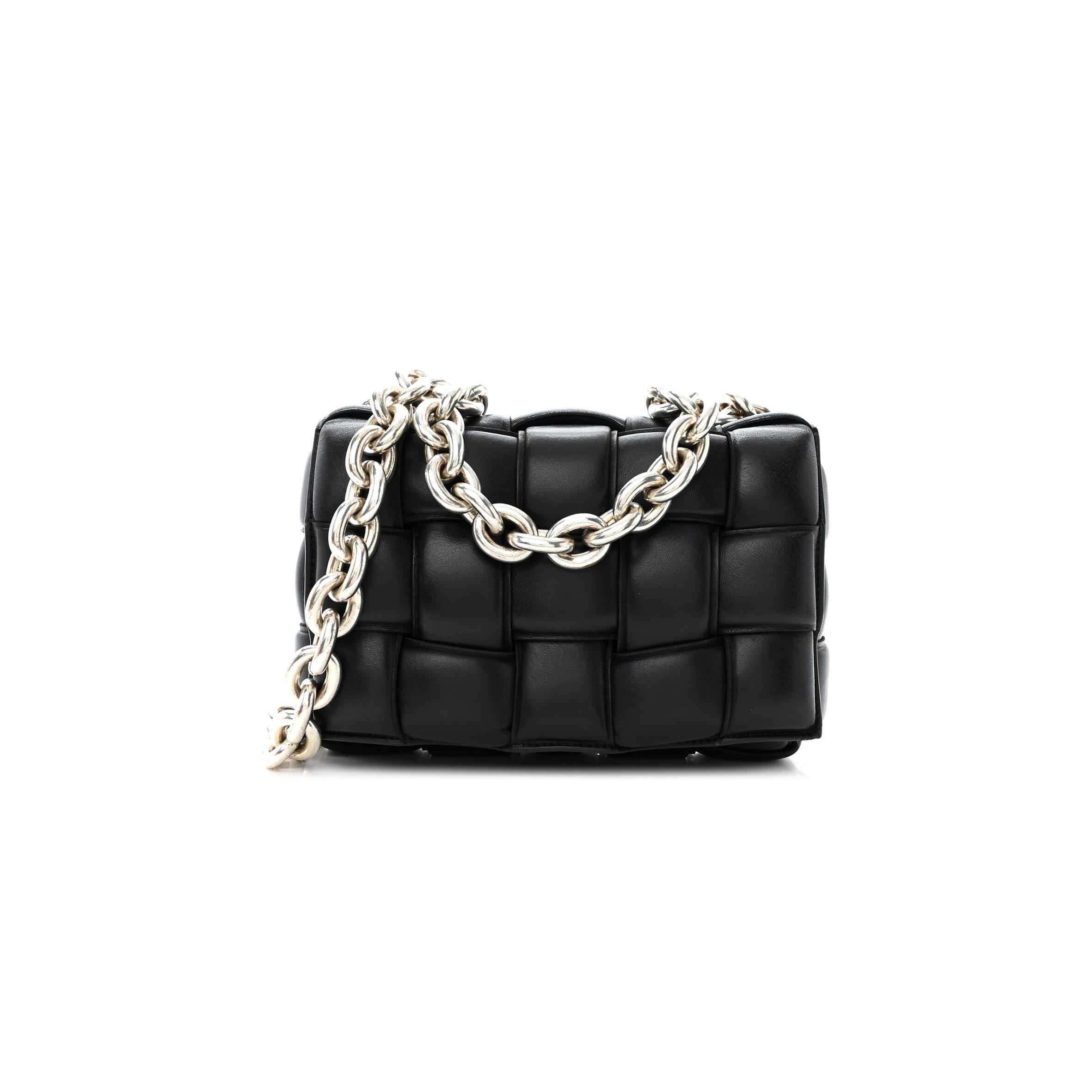 B0tt*ga Ven*ta LAMBSKIN MAXI INTRECCIO PADDED CHAIN CASSETTE CROSSBODY BAG BLACK  (27*19*7cm) Master Quality