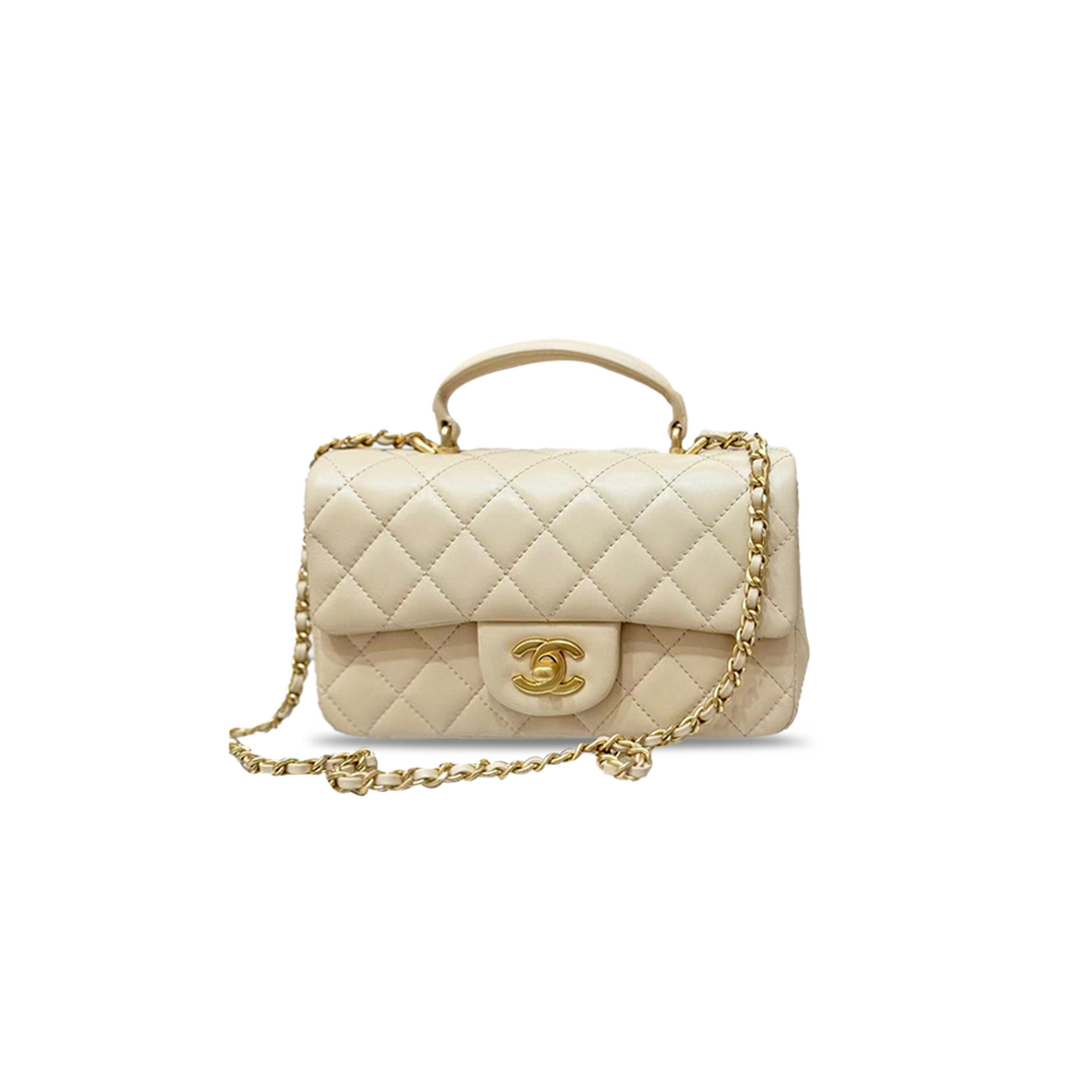Ch**el MINI RECTANGULAR FLAP WITH TOP HANDLE LAMBSKIN LIGHT GOLD HARDWARE  (20*13*6cm) Master Quality
