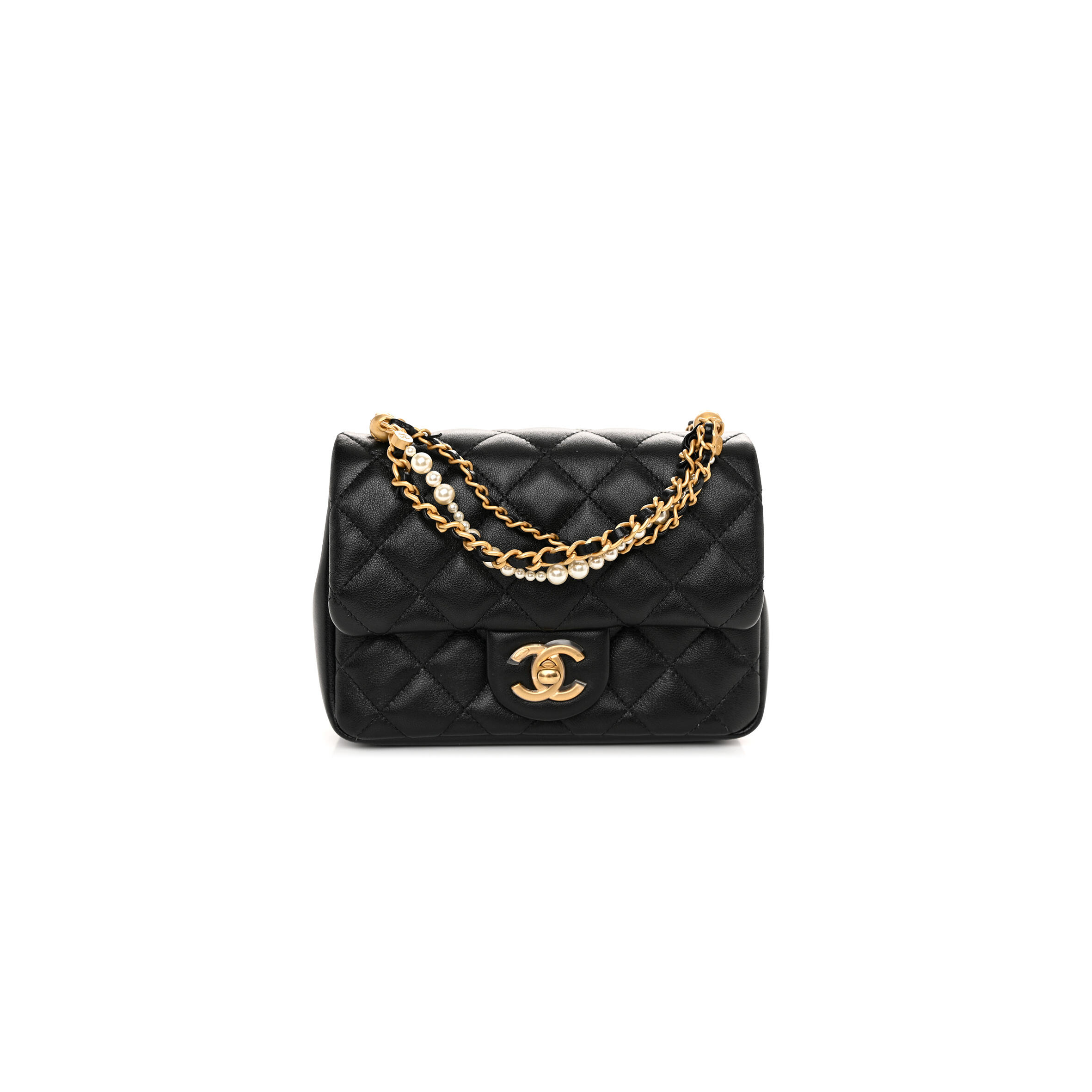Ch**el SHINY LAMBSKIN QUILTED PEARL TWIST MINI SQUARE FLAP BLACK AS4385  (17*12.5*5cm) Master Quality