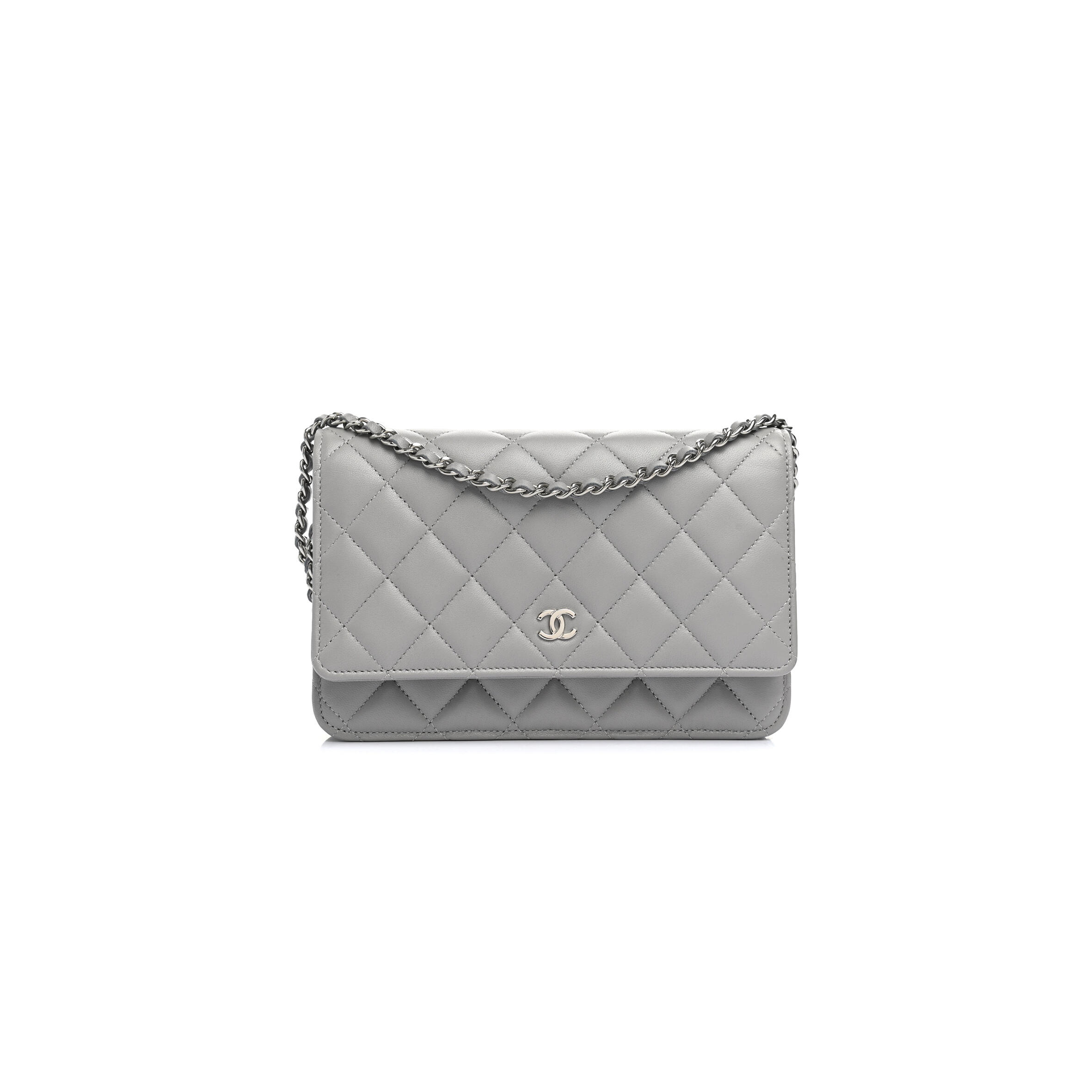 Ch**el LAMBSKIN QUILTED WALLET ON CHAIN WOC GREY (19*13*3cm) Master Quality