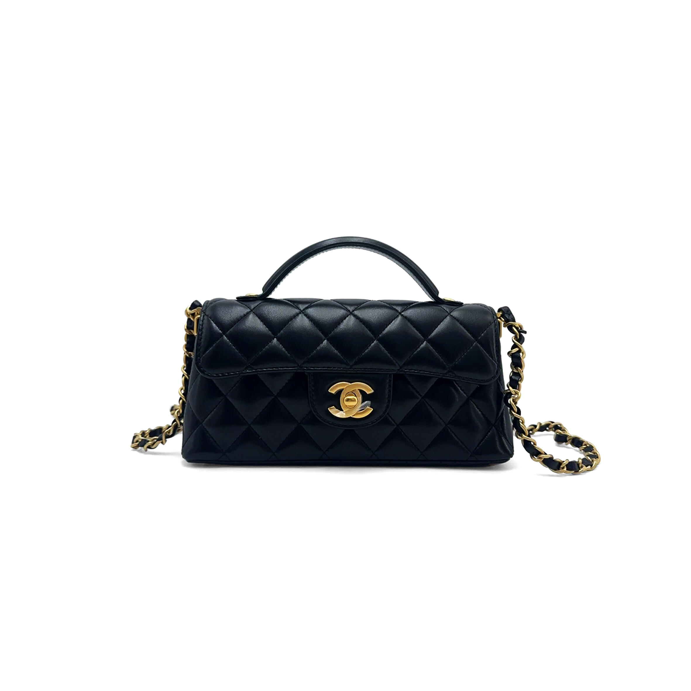 Ch**el MINI FLAP BAG WITH TOP HANDLE LAMBSKIN &amp; GOLD-TONE METAL BLACK AS5354 (20*14*5.5cm) Master Quality