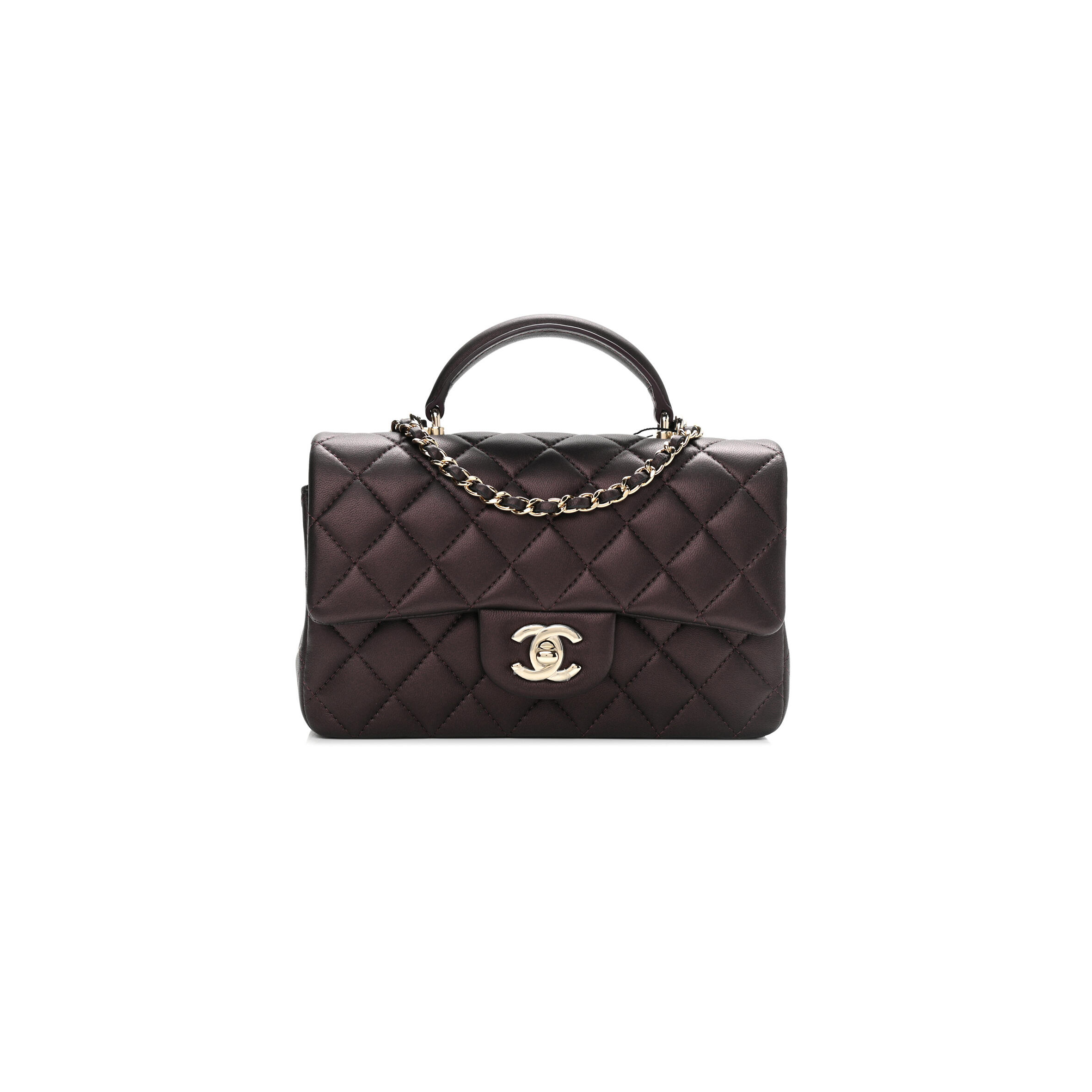 Ch**el LAMBSKIN QUILTED MINI TOP HANDLE RECTANGULAR FLAP LIGHT GOLD BURGUNDY 1106160 (20*13*6cm) Master Quality