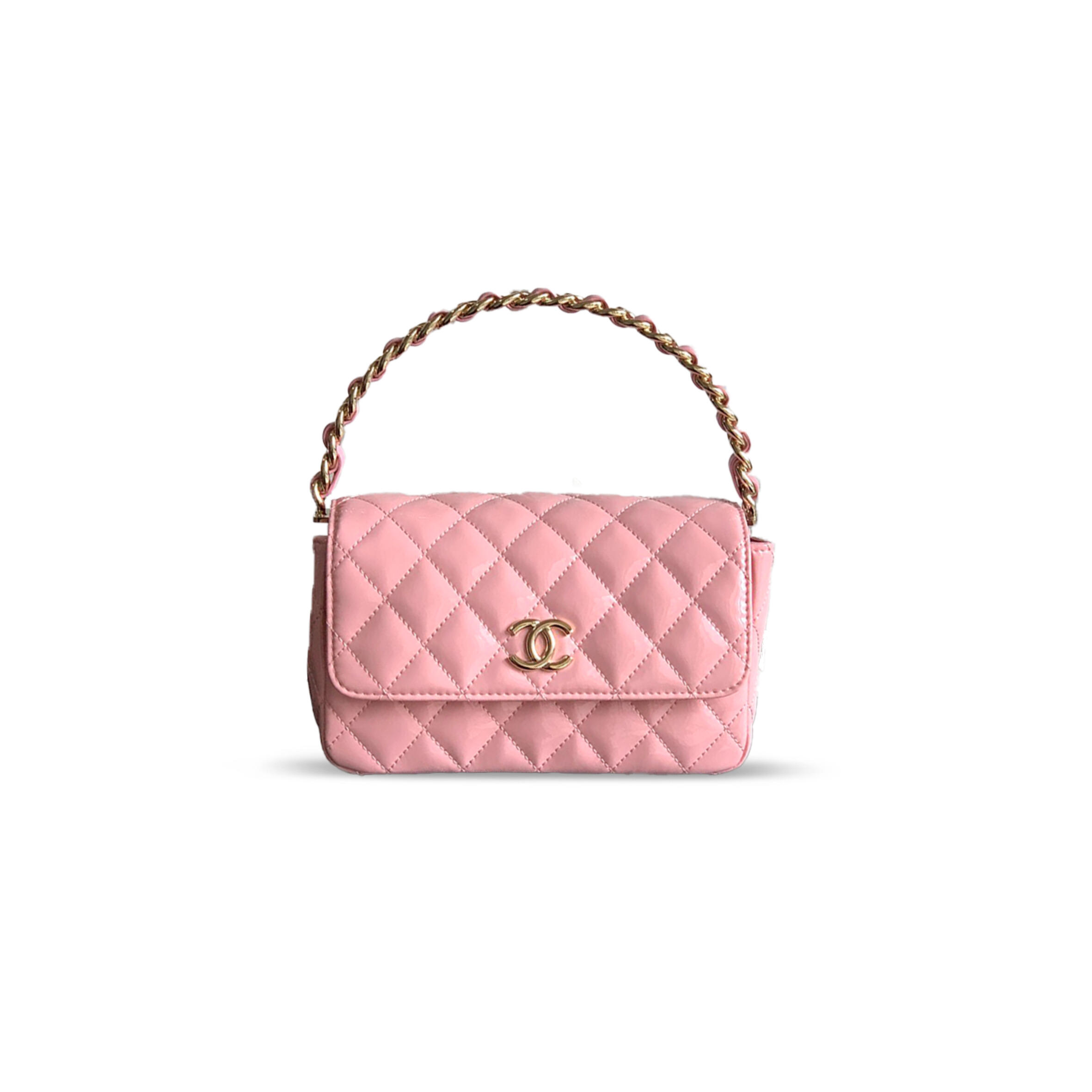 Ch**el HANDLE FLAP BAG PATENT CALFSKIN &amp; GOLD METAL PINK 496583 (18.5*10.5*8cm) Master Quality