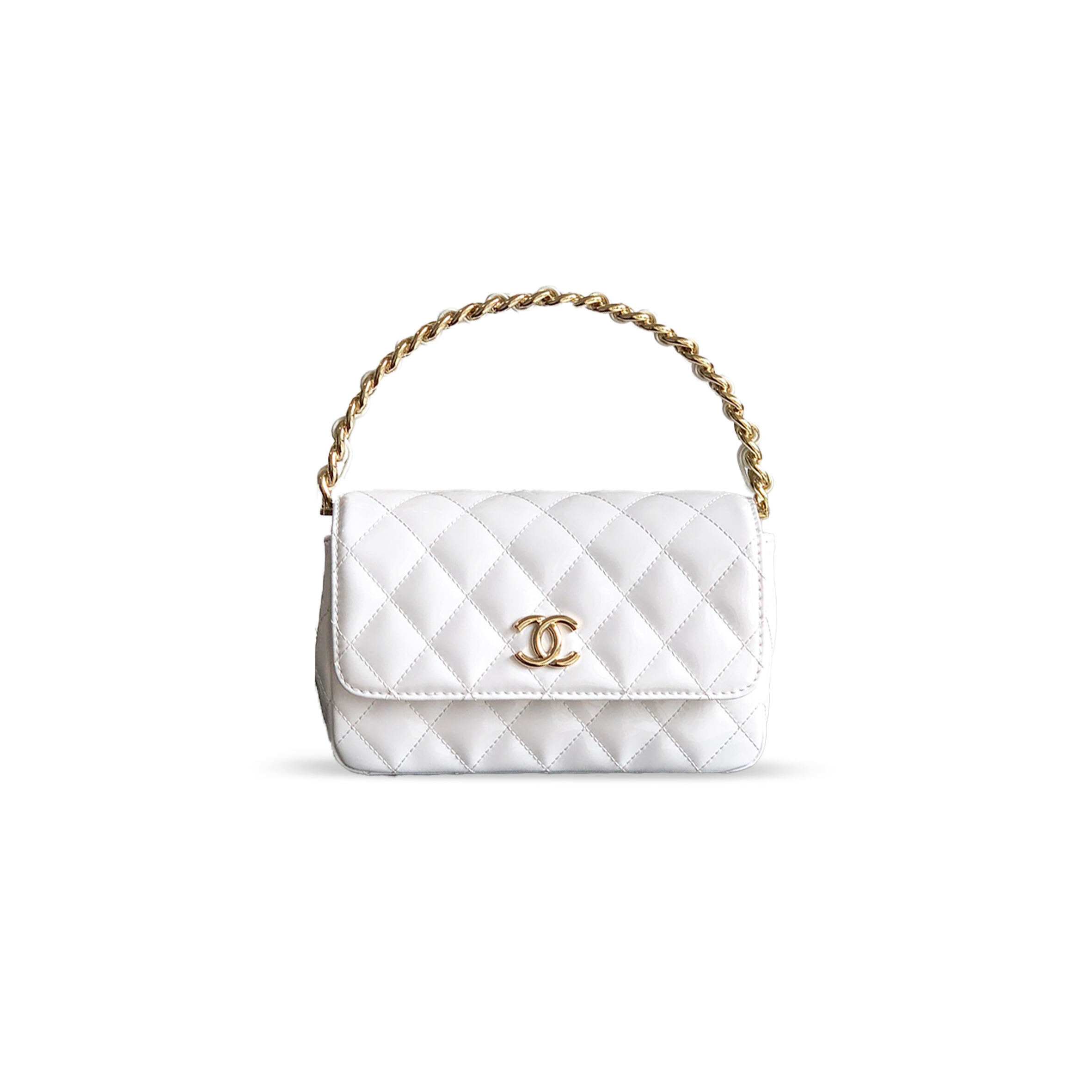 Ch**el HANDLE FLAP BAG PATENT CALFSKIN &amp; GOLD METAL WHITE 496584 (18.5*10.5*8cm) Master Quality