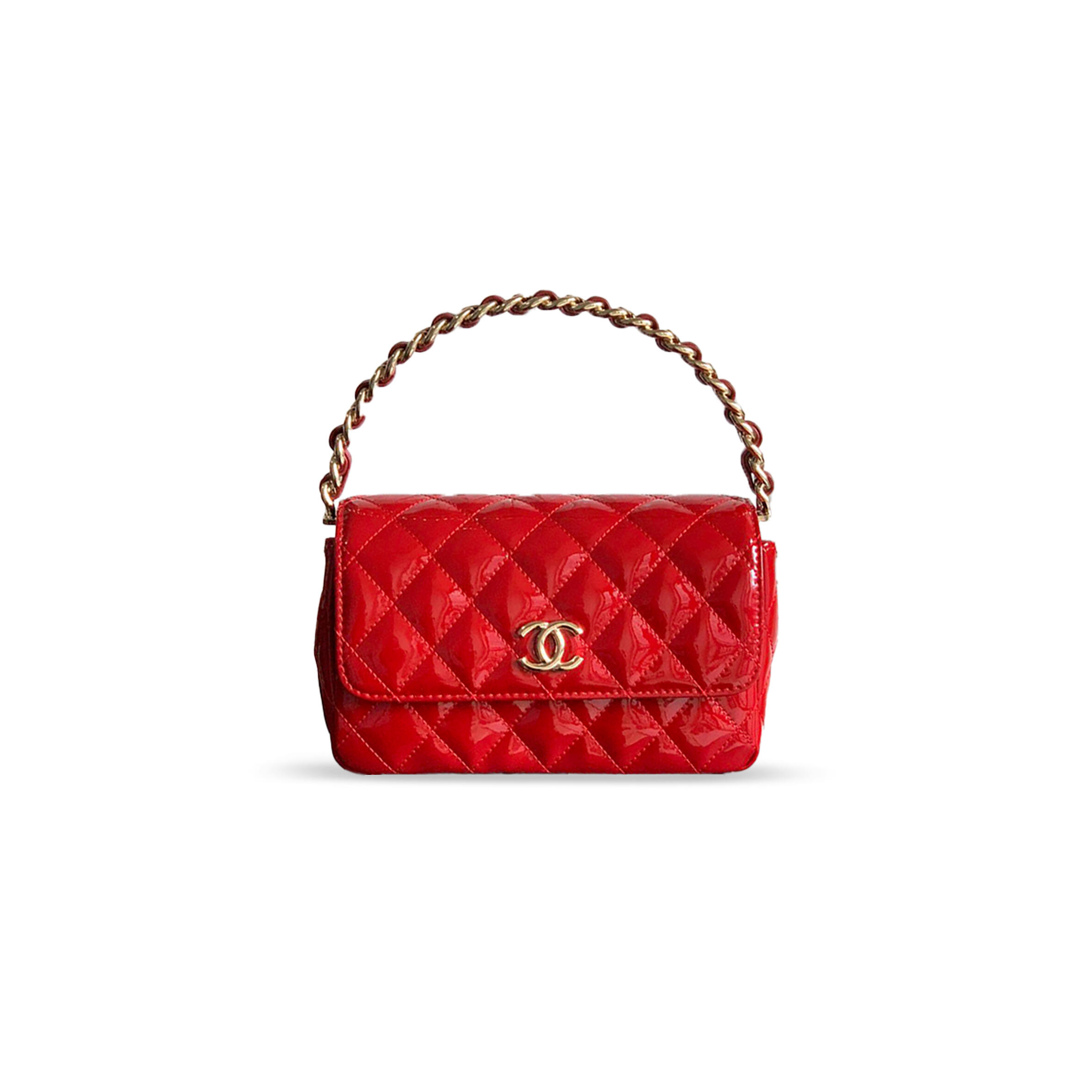Ch**el HANDLE FLAP BAG PATENT CALFSKIN &amp; GOLD METAL RED 496586 (18.5*10.5*8cm) Master Quality