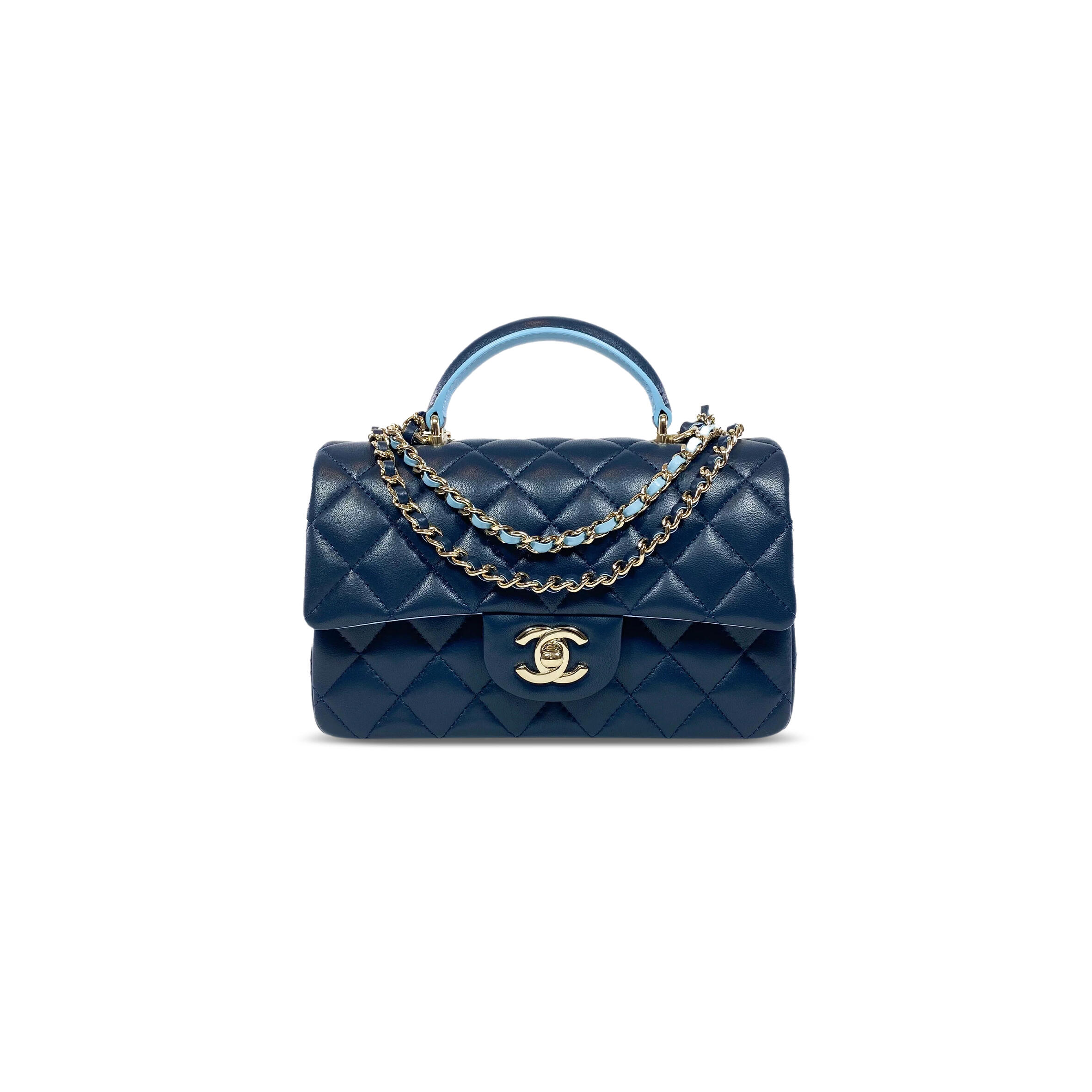 Ch**el MINI TOP HANDLE RECTANGULAR FLAP BAG QUILTED LAMBSKIN NAVY AND LIGHT BLUE 360047 (20*13*6cm) Master Quality
