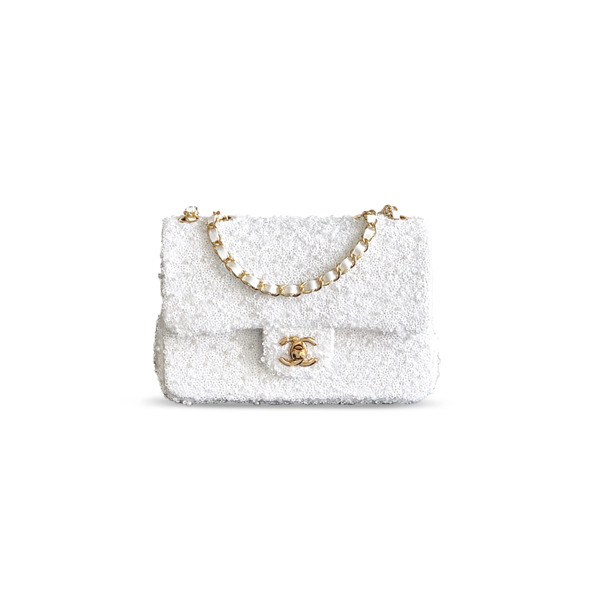 Ch**el MINI CLASSIC FLAP BAG PEARL AND SEQUINS &amp; GOLD METAL WHITE 295846 (20*12*6cm) Master Quality
