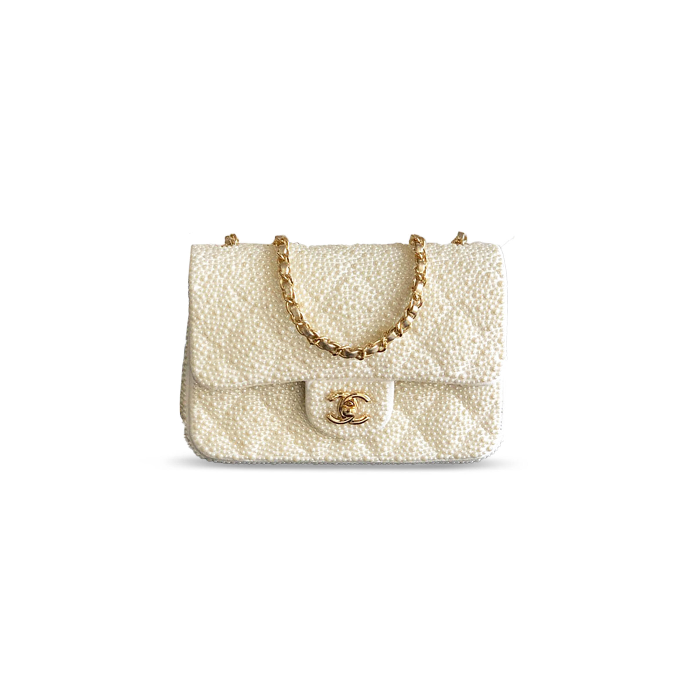 Ch**el MINI EVENING BAG, IMITATION PEARLS &amp; GOLD-TONE METAL WHITE 295848 (20*10*7cm) Master Quality