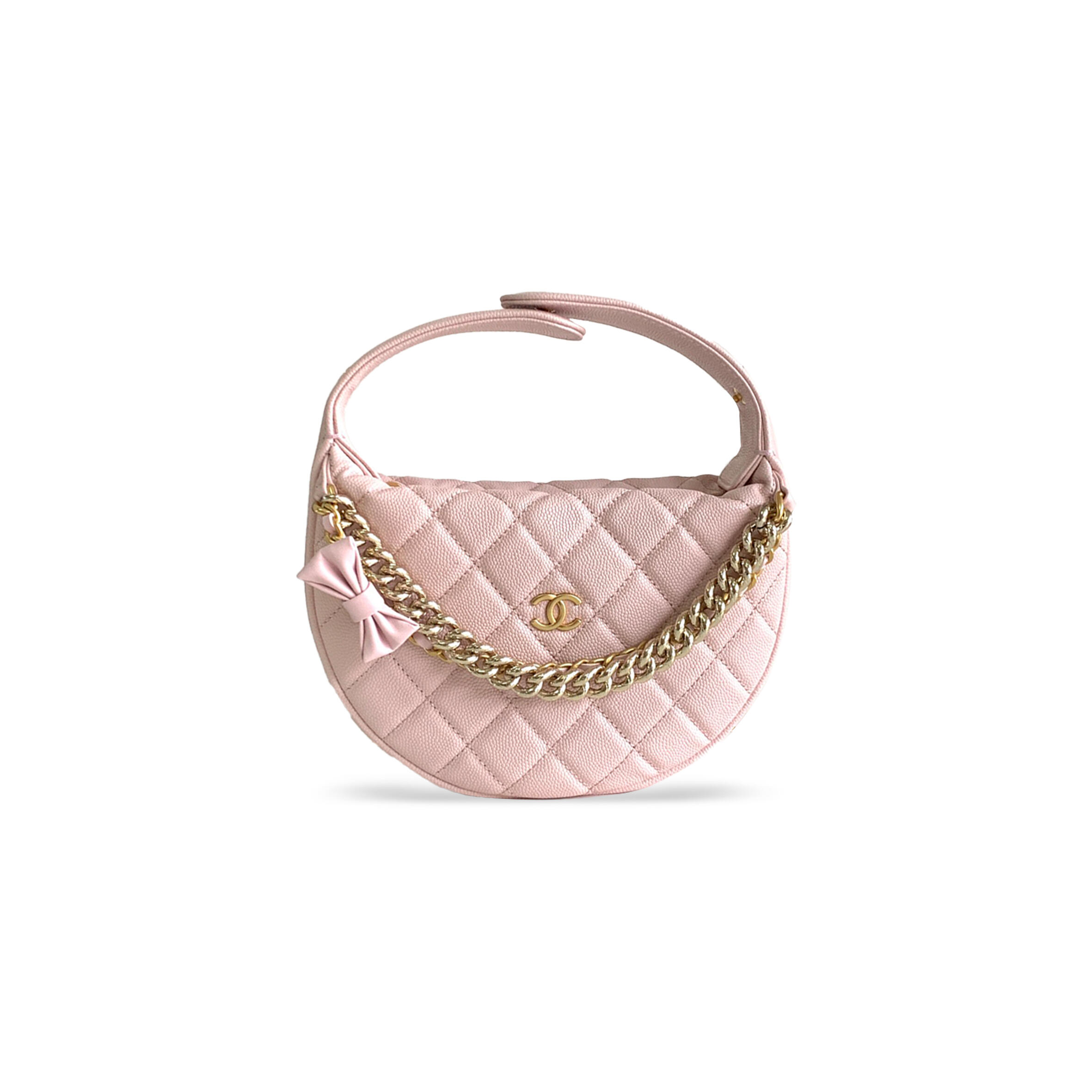 Ch**el SHINY CAVIAR QUILTED BOW POUCH HOBO LIGHT PINK 1470677 (19*13*4cm) Master Quality
