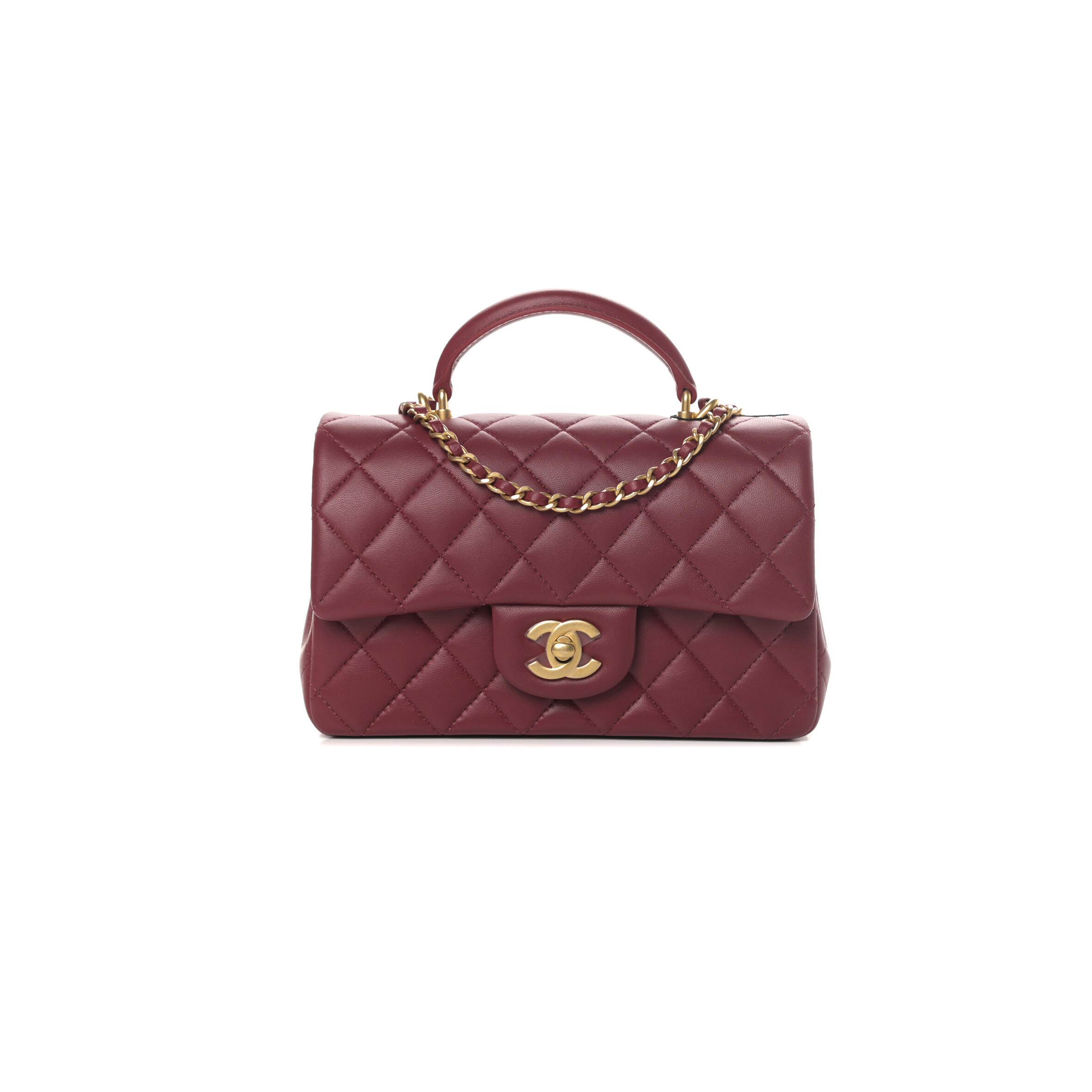 Ch**el LAMBSKIN METAL QUILTED MINI TOP HANDLE RECTANGULAR FLAP BURGUNDY 791222 (20*13*6cm) Master Quality
