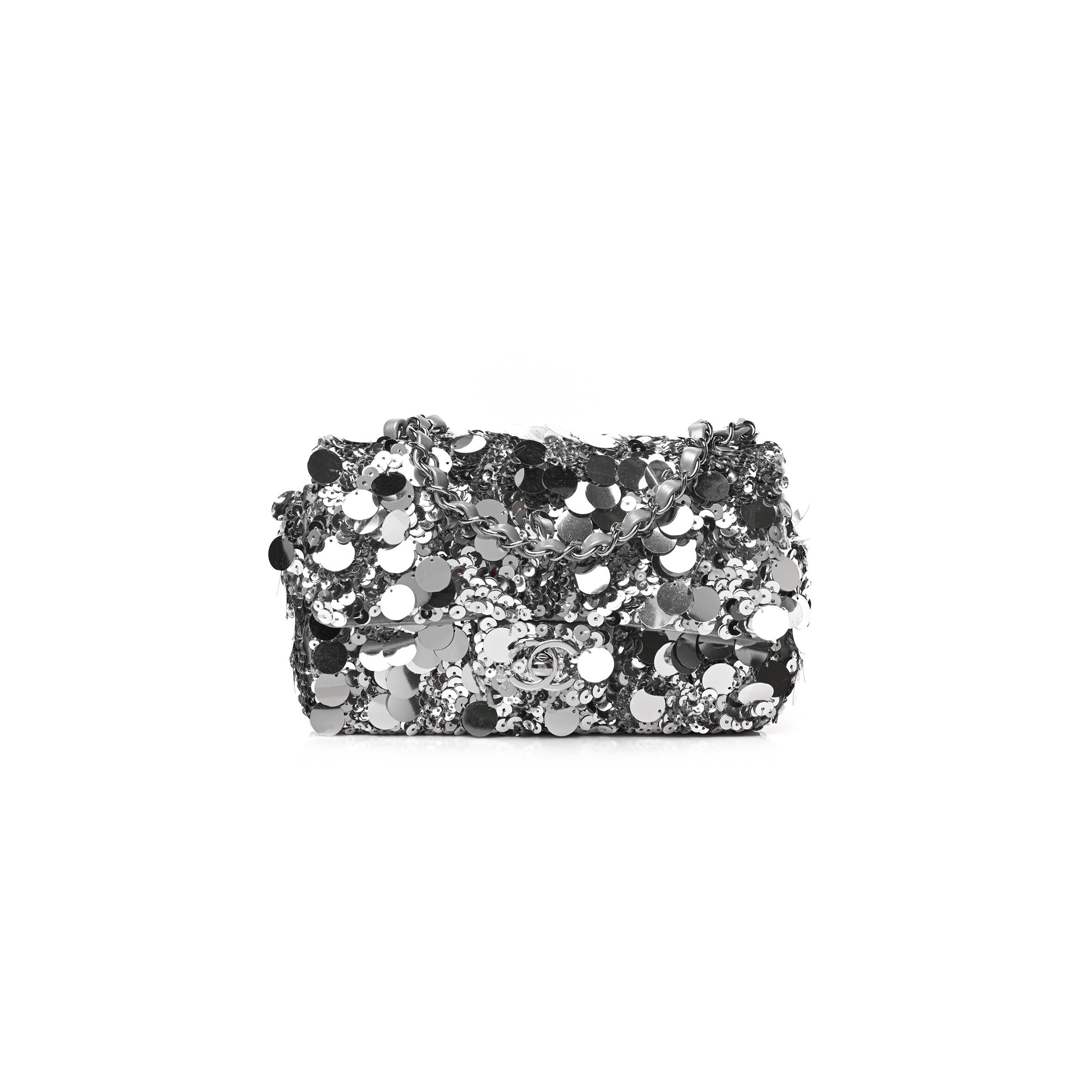 Ch**el SEQUIN MINI RECTANGULAR FLAP SILVER  (20*13*6cm) Master Quality