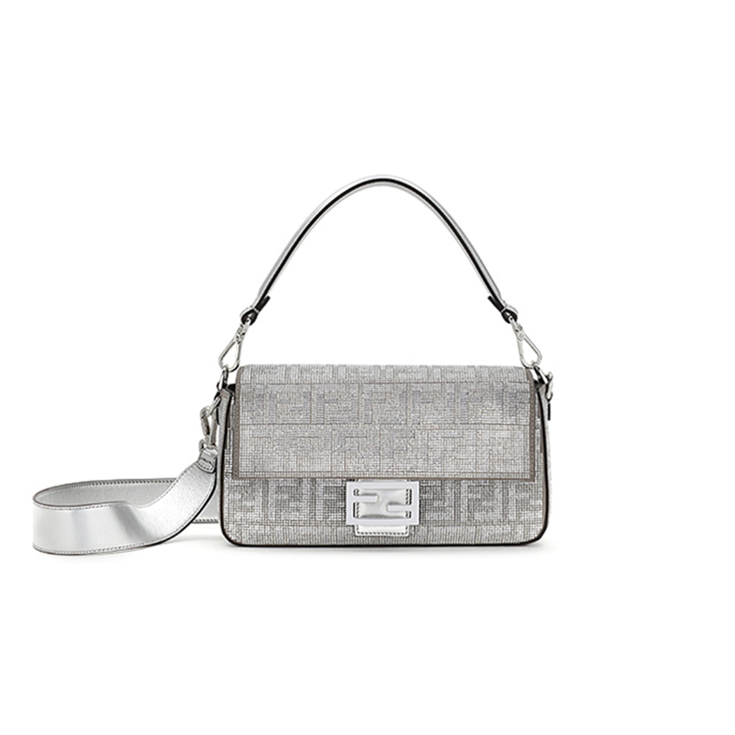 F**di CRYSTAL VITELLO LAMINATO FF MEDIUM BAGUETTE CRYSTAL ARGENTO 8BR600APKFF1JSU (27*15*6cm) Master Quality