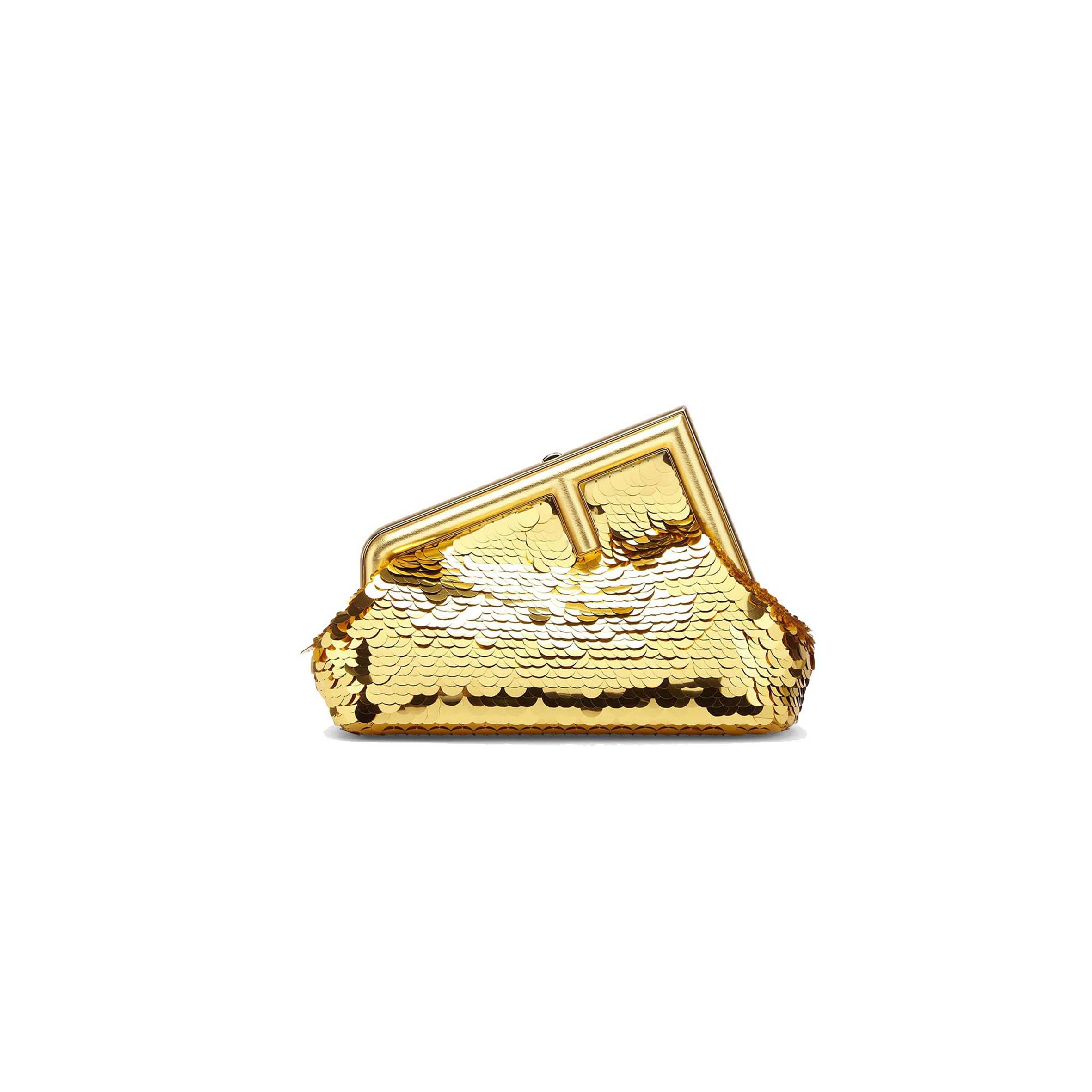 F**di FIRST SMALL - GOLD-COLORED LEATHER AND SEQUINNED BAG 8BP129AJP4F0RXU (26*18*9.5cm) Master Quality