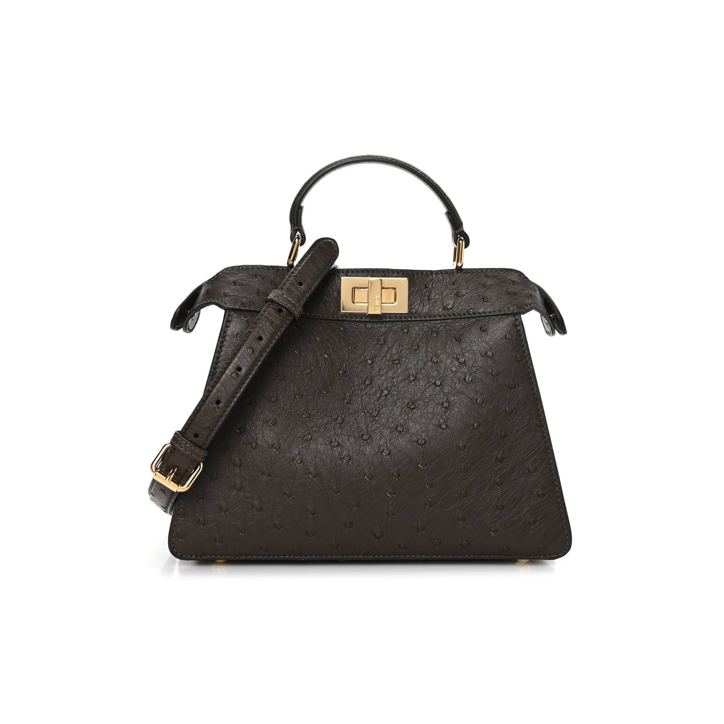 F**di OSTRICH SHINY NAPPA SMALL PEEKABOO I SEE U SATCHEL DARK BROWN (27*20*11cm) Master Quality
