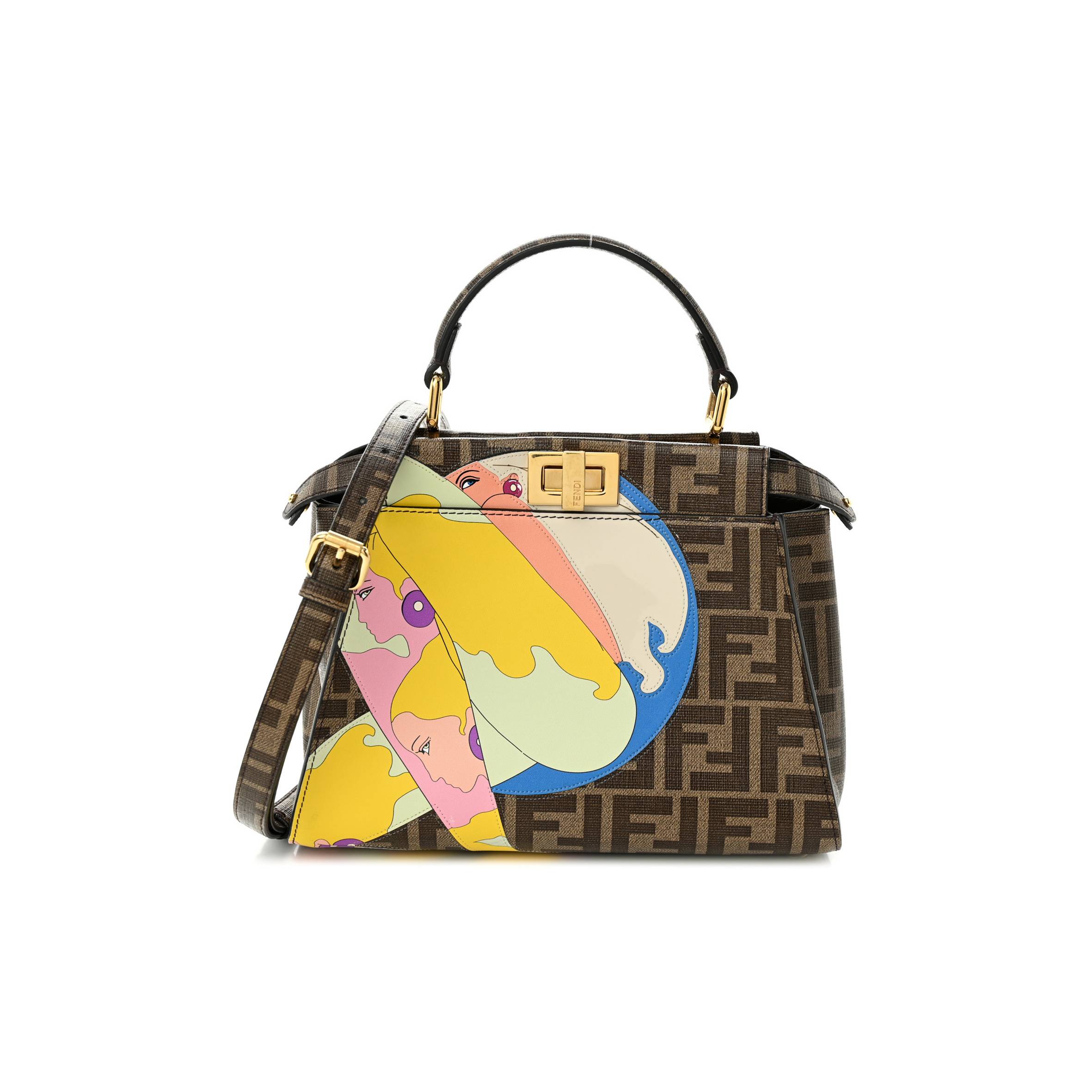 F**di GLAZED FABRIC VITELLO FF 1974 HAIRDO GIRLS INLAY MINI PEEKABOO ICONIC SATCHEL MOGANO PANNA MULTICOLOR (23*18*13cm) Master Quality