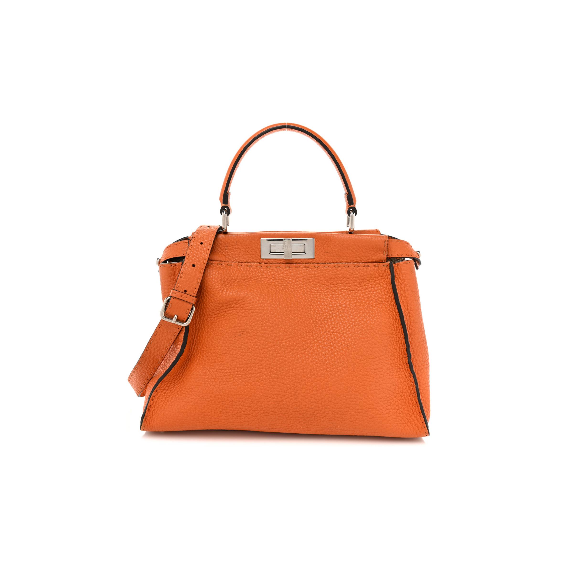 F**di CUOIO ROMANO SELLERIA BI-COLOR MEDIUM PEEKABOO ICONIC SATCHEL ORANGE STONE (34*26*13cm) Master Quality