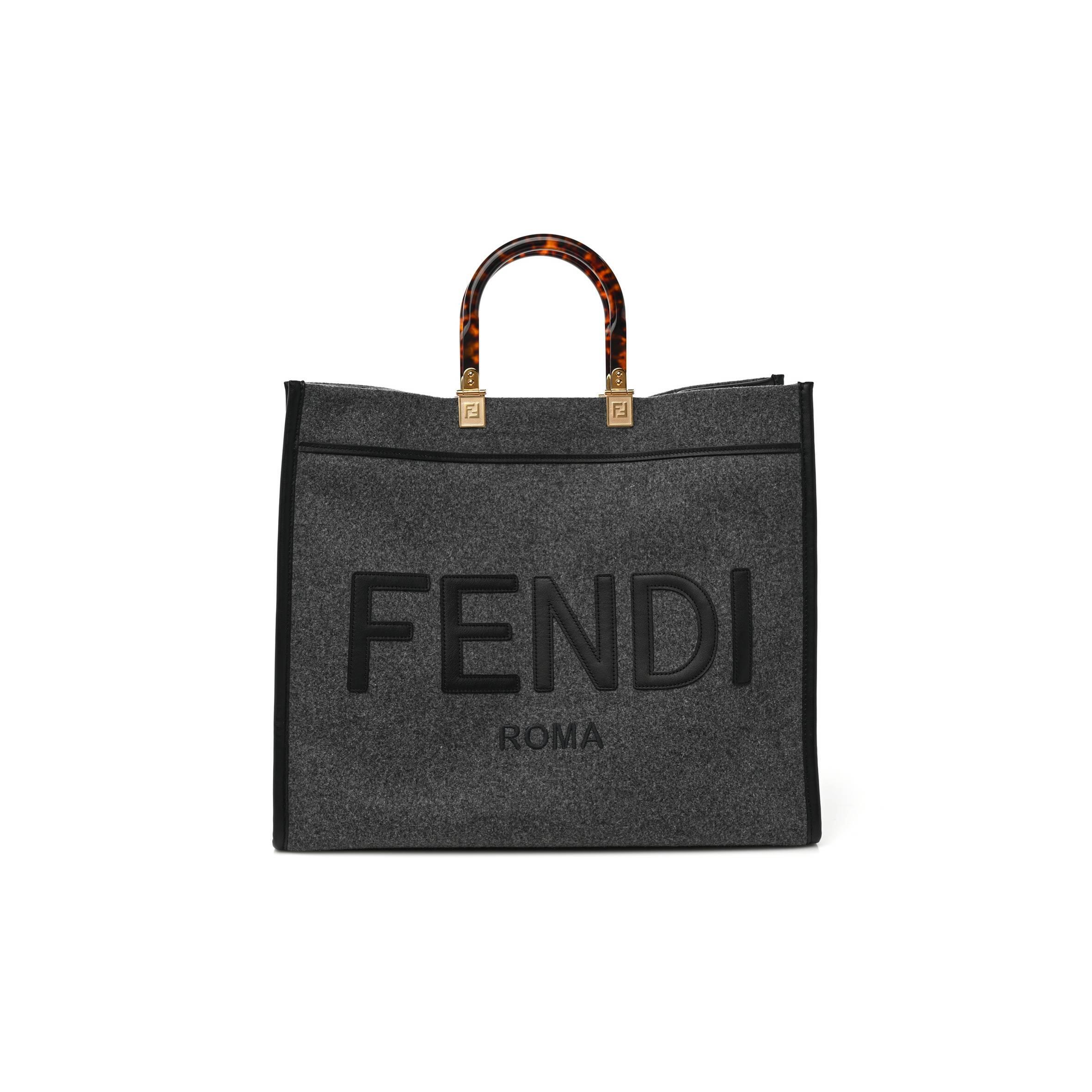 F**di MELANGE FLANNEL PLEXIGLASS SATIN LOGO EMBROIDERED THREADED EDGE MEDIUM F**di SUNSHINE SHOPPER TOTE GRIGIO BLACK (40*34*20cm) Master Quality