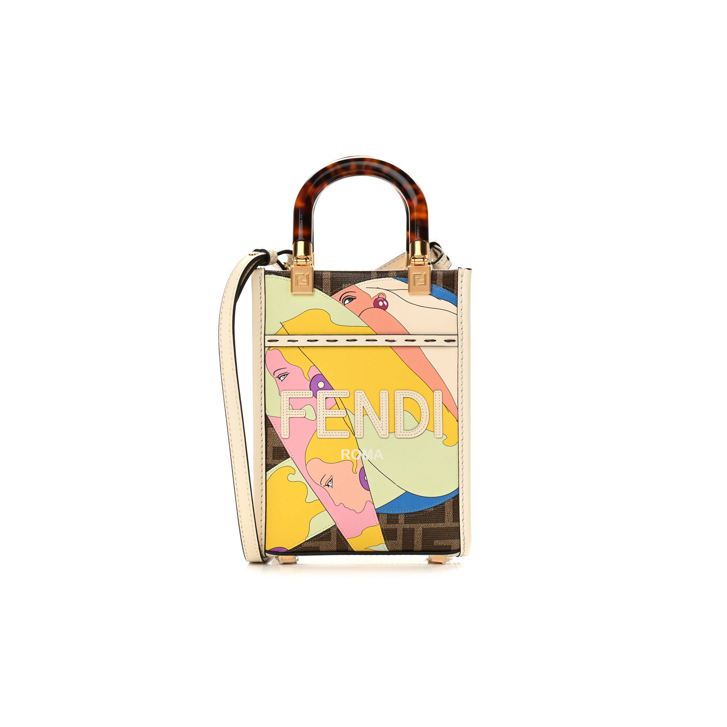 F**di GLAZED FABRIC VITELLO KING PLEXIGLASS FF 1974 LOGO HAIRDO GIRLS INLAY MINI F**di SUNSHINE SHOPPER TOTE MOGANO PANNA MULTICOLOR (17*13*5cm) Master Quality