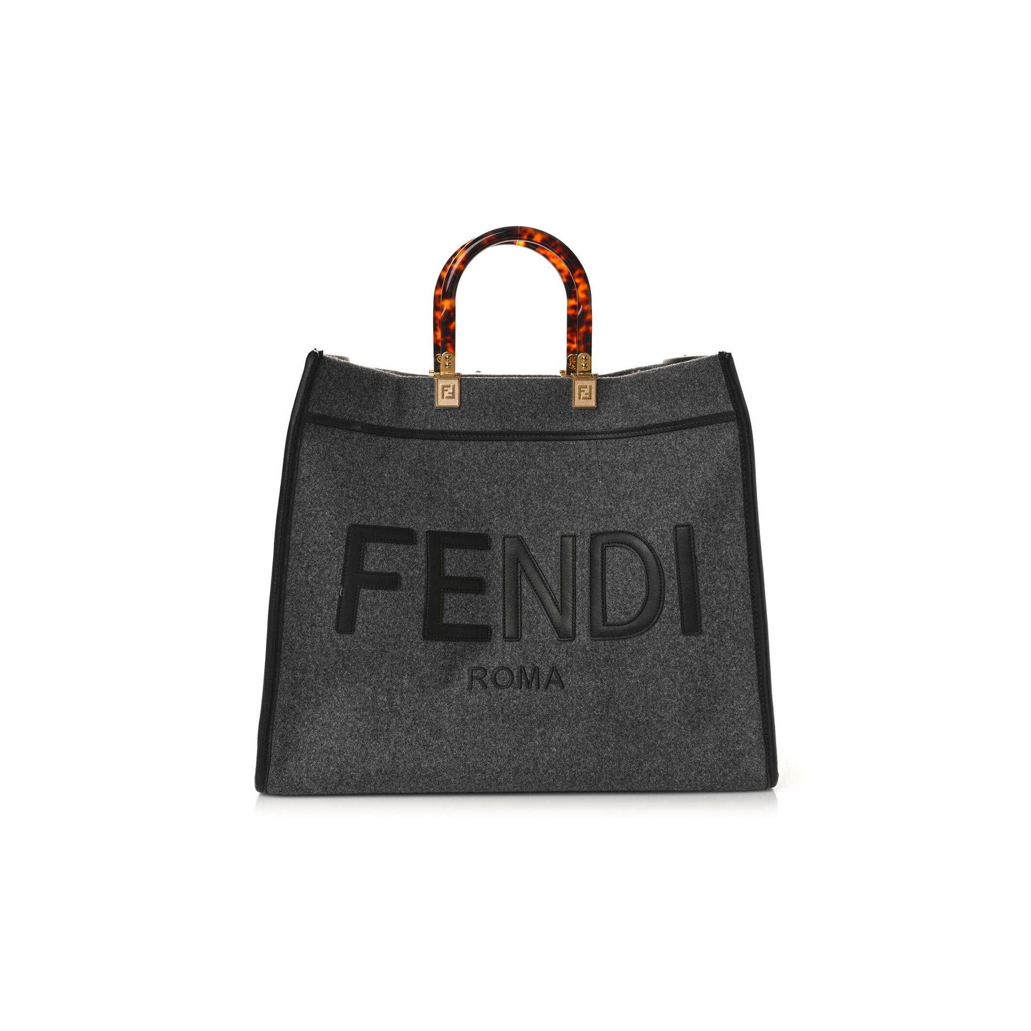F**di MELANGE FLANNEL PLEXIGLASS SATIN LOGO EMBROIDERED THREADED EDGE LARGE F**di SUNSHINE SHOPPER TOTE GRIGIO BLACK (40*34*20cm) Master Quality