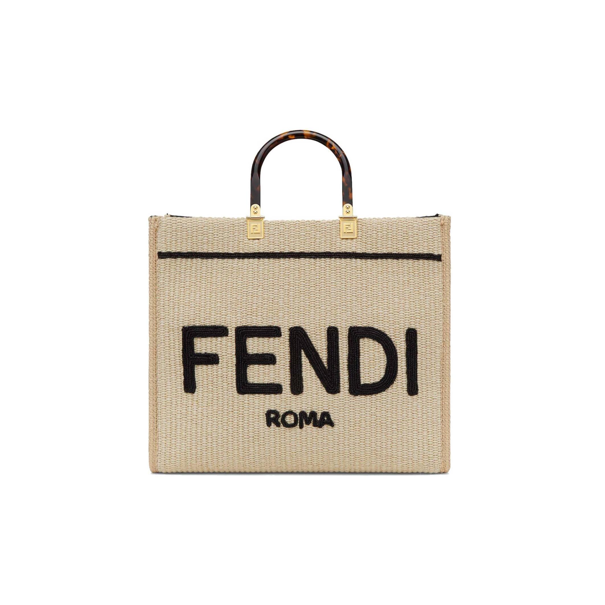 F**di SUNSHINE MEDIUM - BEIGE AND BLACK STRAW SHOPPER 8BH386AKRPF1CBX (35*31*17cm) Master Quality