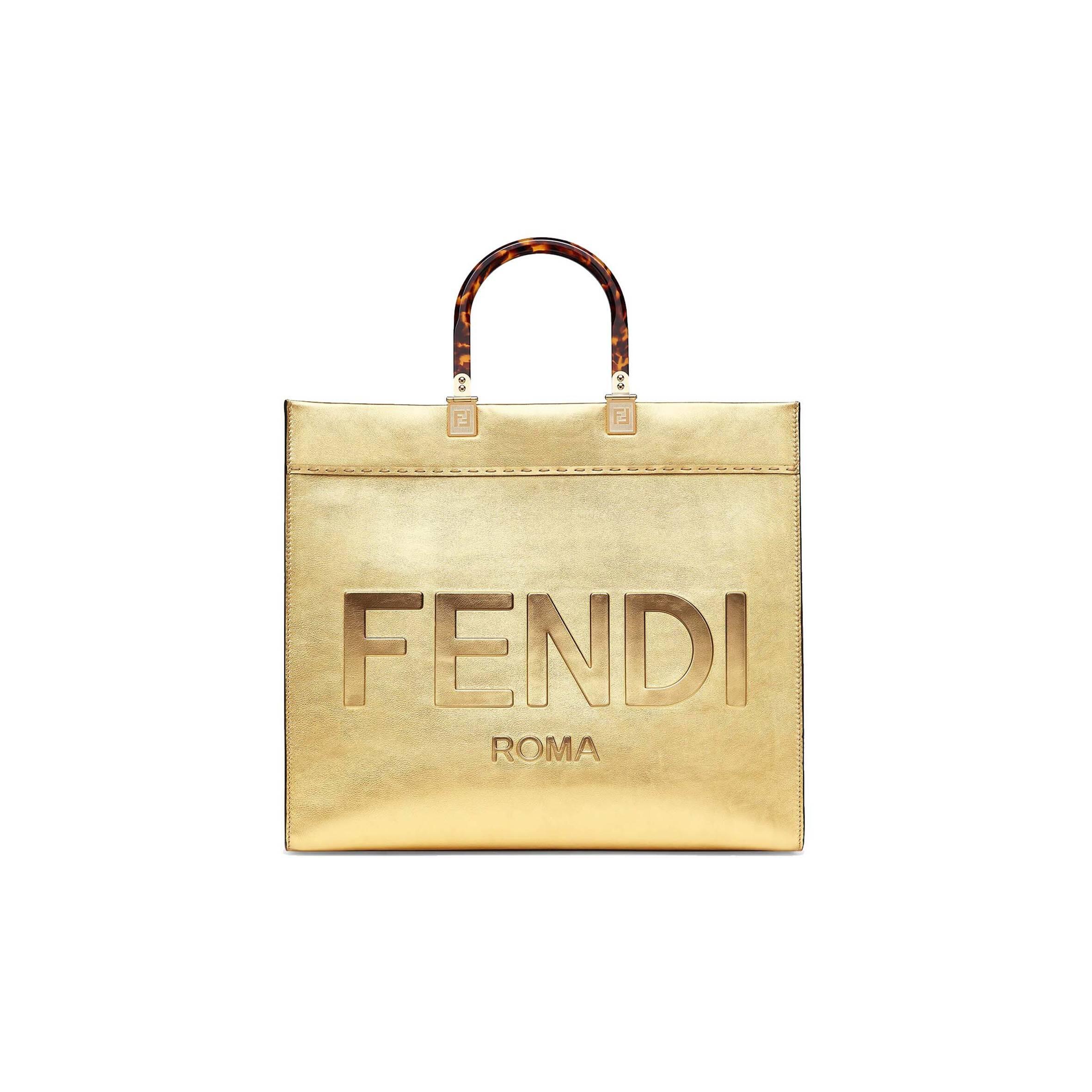 F**di SUNSHINE MEDIUM - GOLD LAMINATED LEATHER SHOPPER 8BH386AJH7F1GNN (35*31*17cm) Master Quality