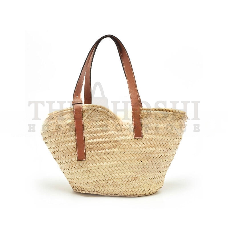 L0ew* BROWN NATURAL PALM LEAF AND LEATHER MEDIUM BASKET TOTE (44*26*13.5cm) Master Quality