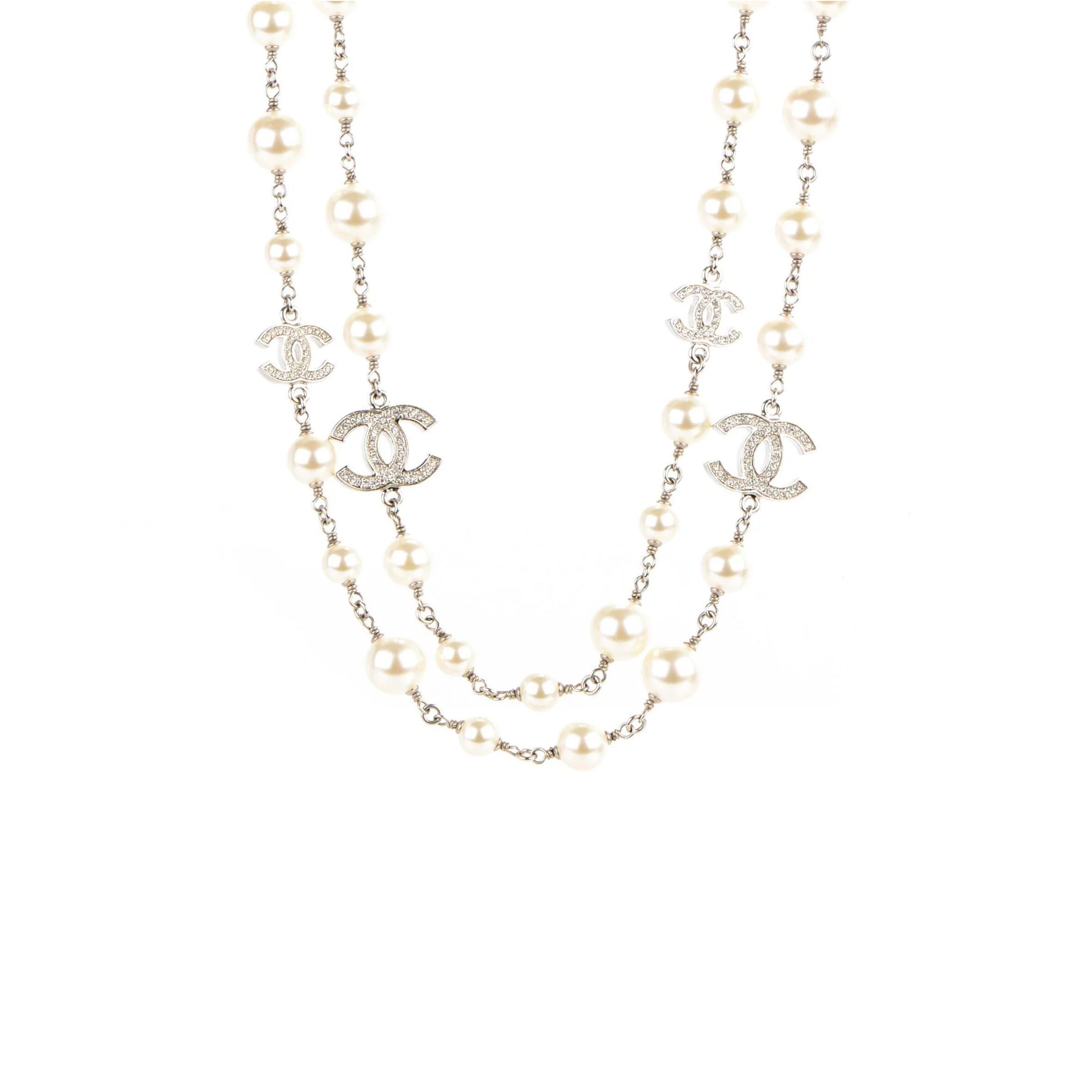 Ch**el CRYSTAL PEARL CC LONG NECKLACE SILVER 260MM 169293 Master Quality