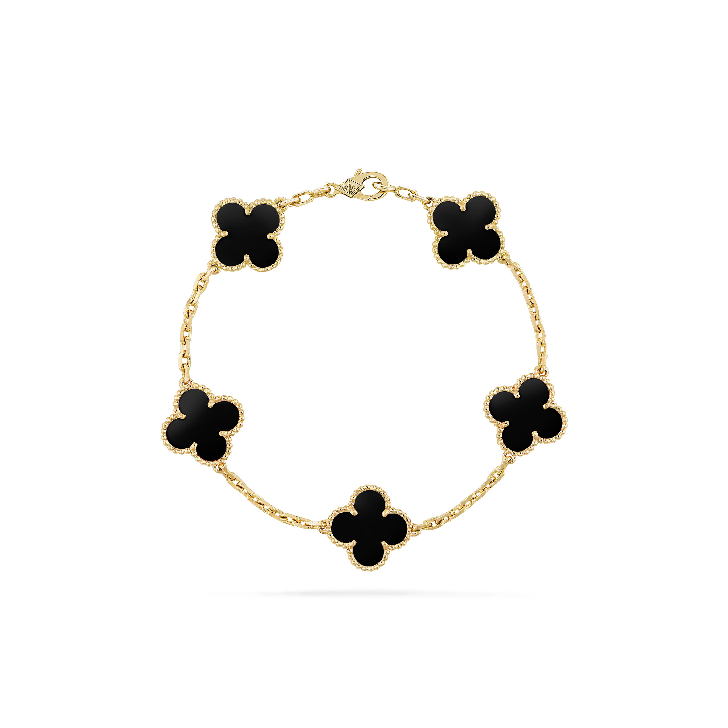 V*n Cl**f ARPELS VINTAGE ALHAMBRA BRACELET, 5 MOTIFS - YELLOW GOLD, ONYX  VCARA41300 Master Quality