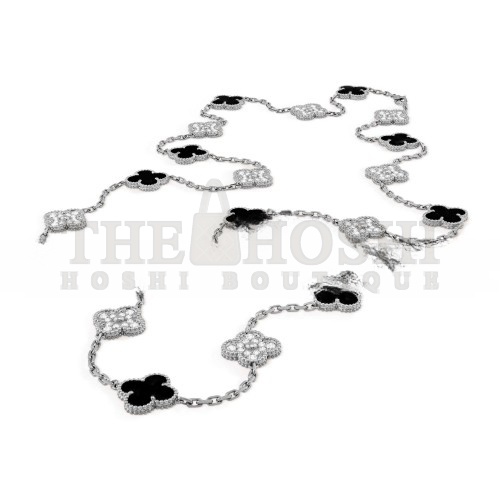 V*n Cl**f ARPELS VINTAGE ALHAMBRA LONG NECKLACE, 20 MOTIFS - WHITE GOLD, D1am0nd, ONYX  VCARP2R800 Master Quality