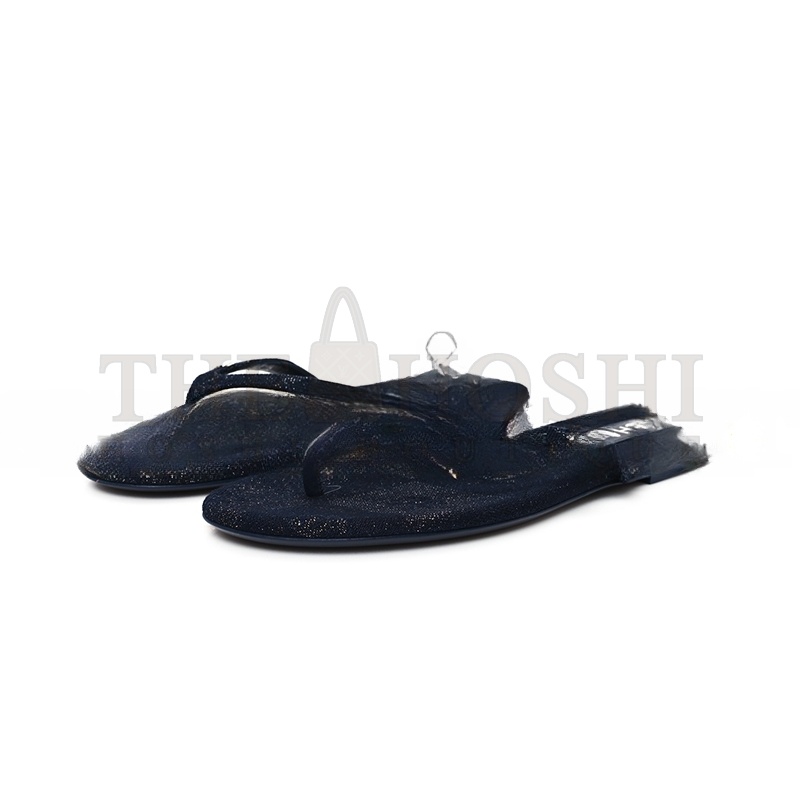 Ch**el COTTON SILK CRYSTAL CC THONG SANDALS DARK BLUE SILVER 362268 Master Quality