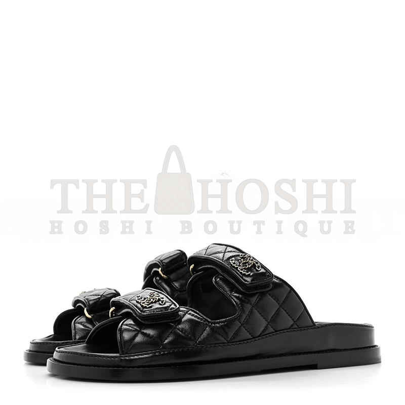 Ch**el LAMBSKIN QUILTED VELCRO DAD CHAIN CC SLIDE SANDALS BLACK G45507 Master Quality