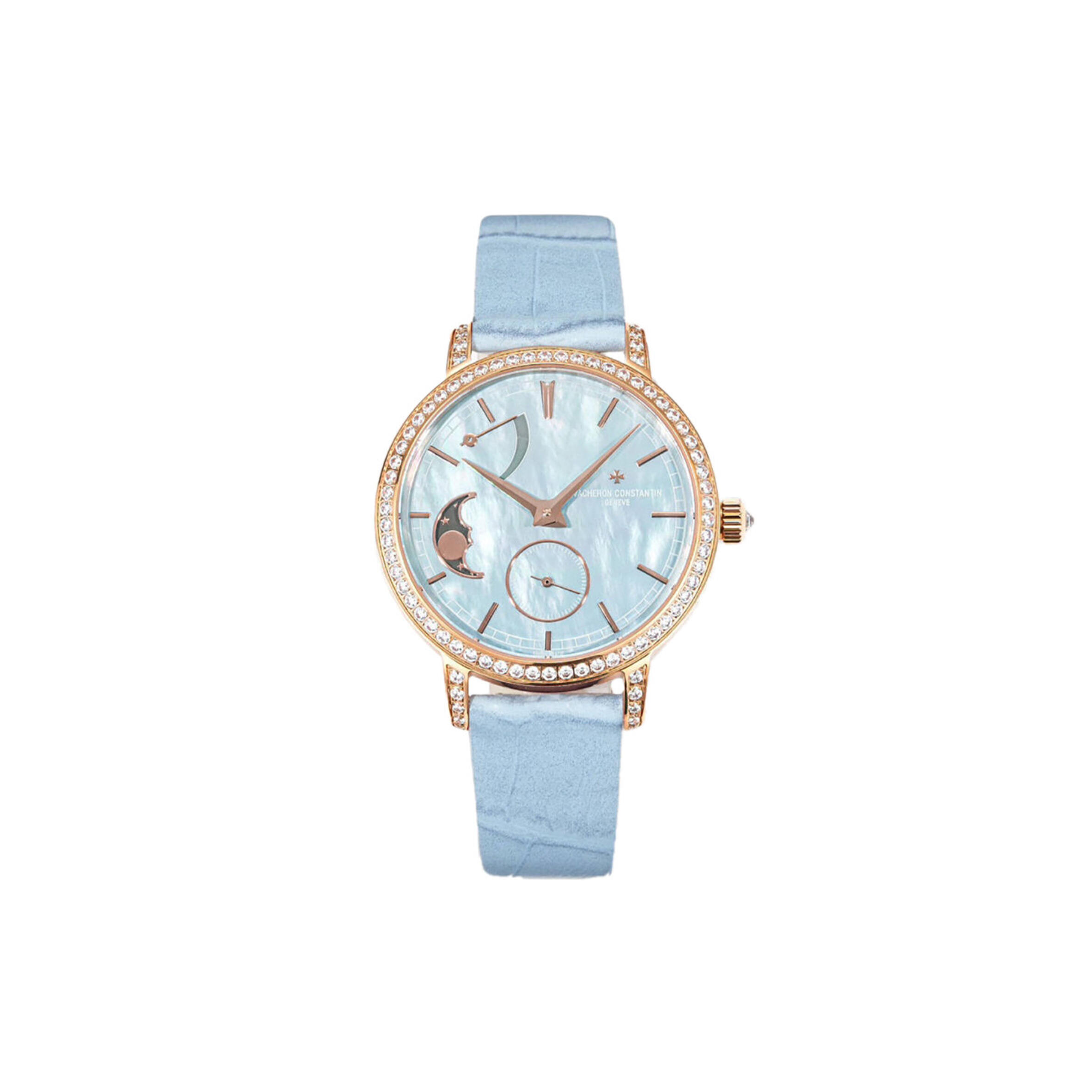 VACHERON C0nstan1n TRADITIONELLE MOON PHASE BLUE MOP DIAL WITH D1am0nd BEZEL IN PINK GOLD ON BLUE LEATHER STRAP 36MM WATCH 83570/000R-9915 Master Quality