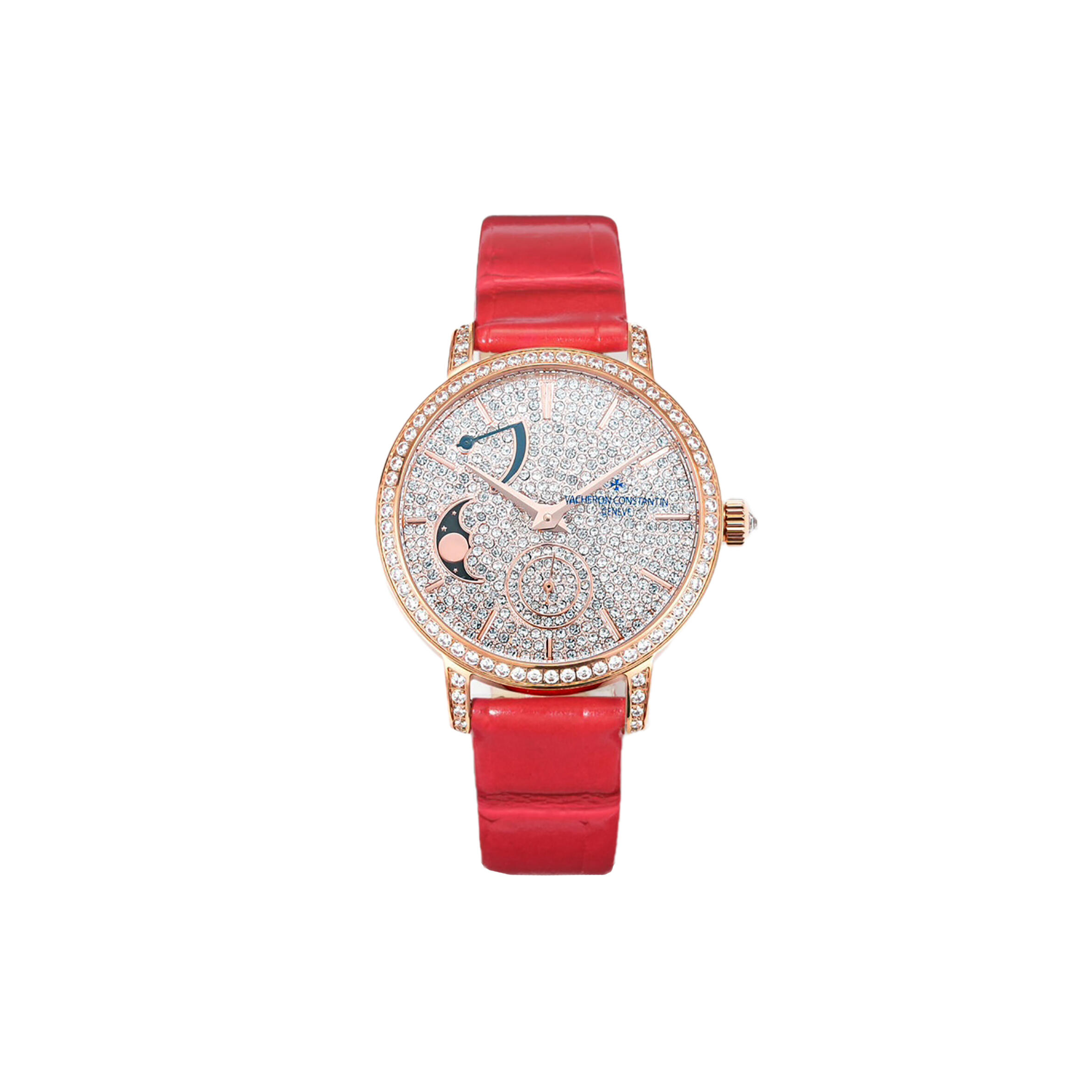VACHERON C0nstan1n TRADITIONELLE MOON PHASE D1am0nd PAVED DIAL IN PINK GOLD 37.5MM WATCH 7006T/000G Master Quality